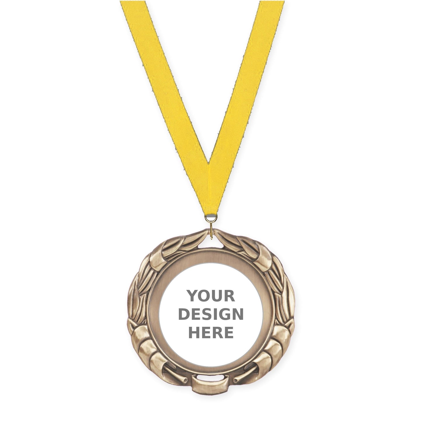 2 3/4 inch Double-Sided Wreath insert medal in antique gold with Yellow neck ribbon