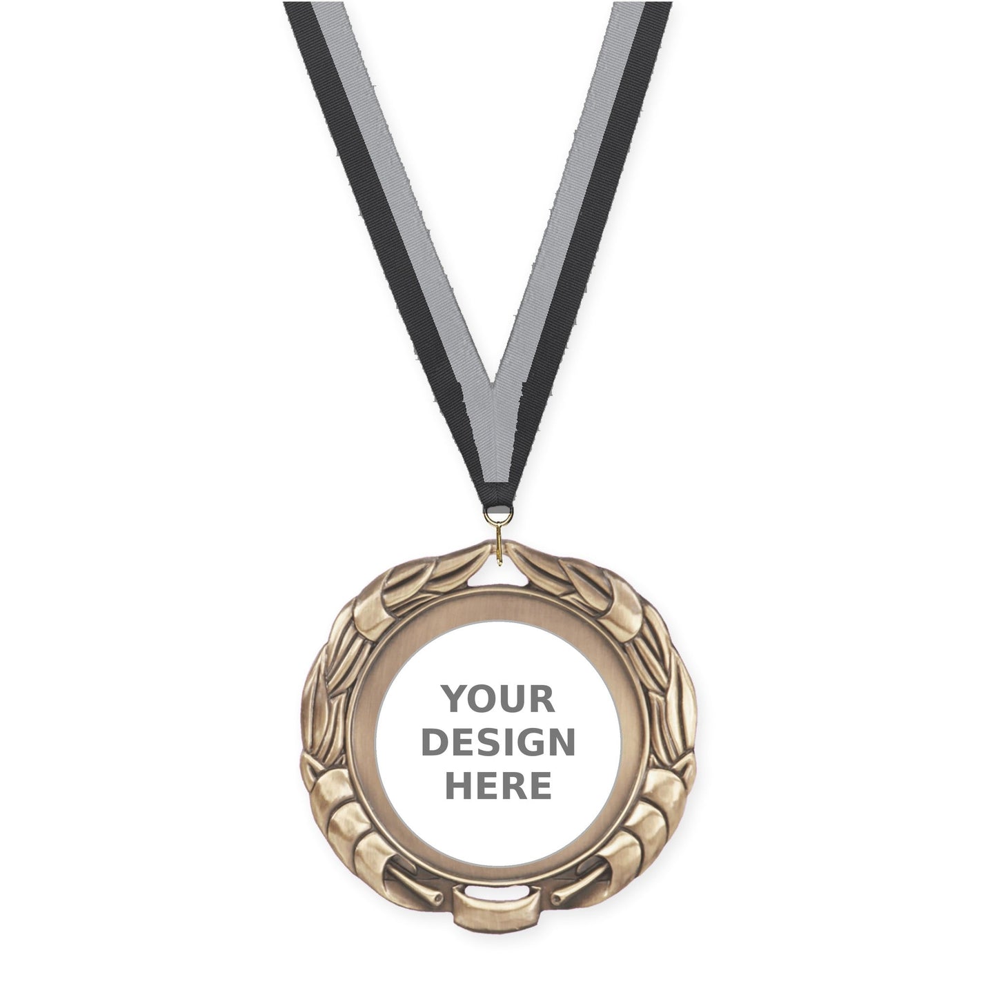 2 3/4 inch Double-Sided Wreath insert medal in antique gold with Black Gray neck ribbon