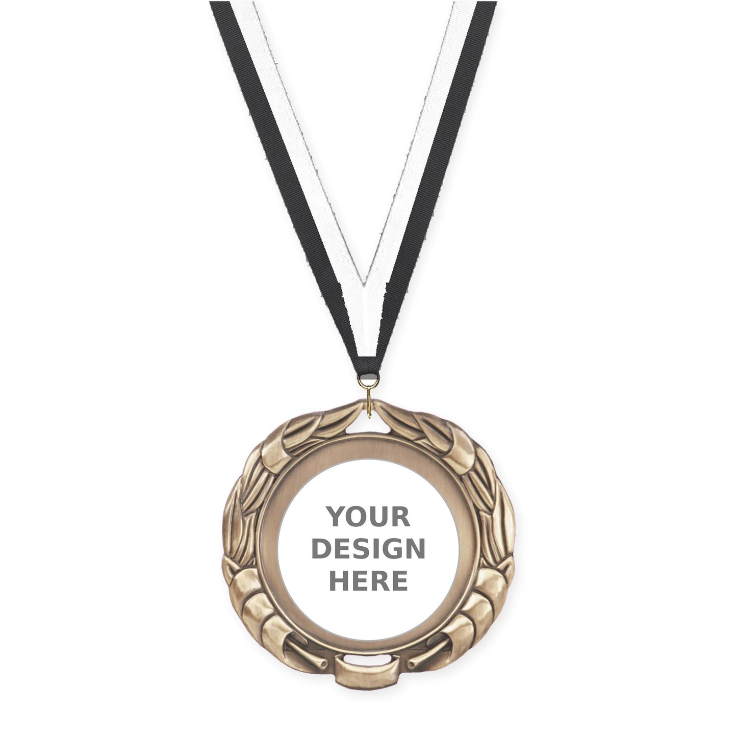 2 3/4 inch Double-Sided Wreath insert medal in antique gold with Black White neck ribbon