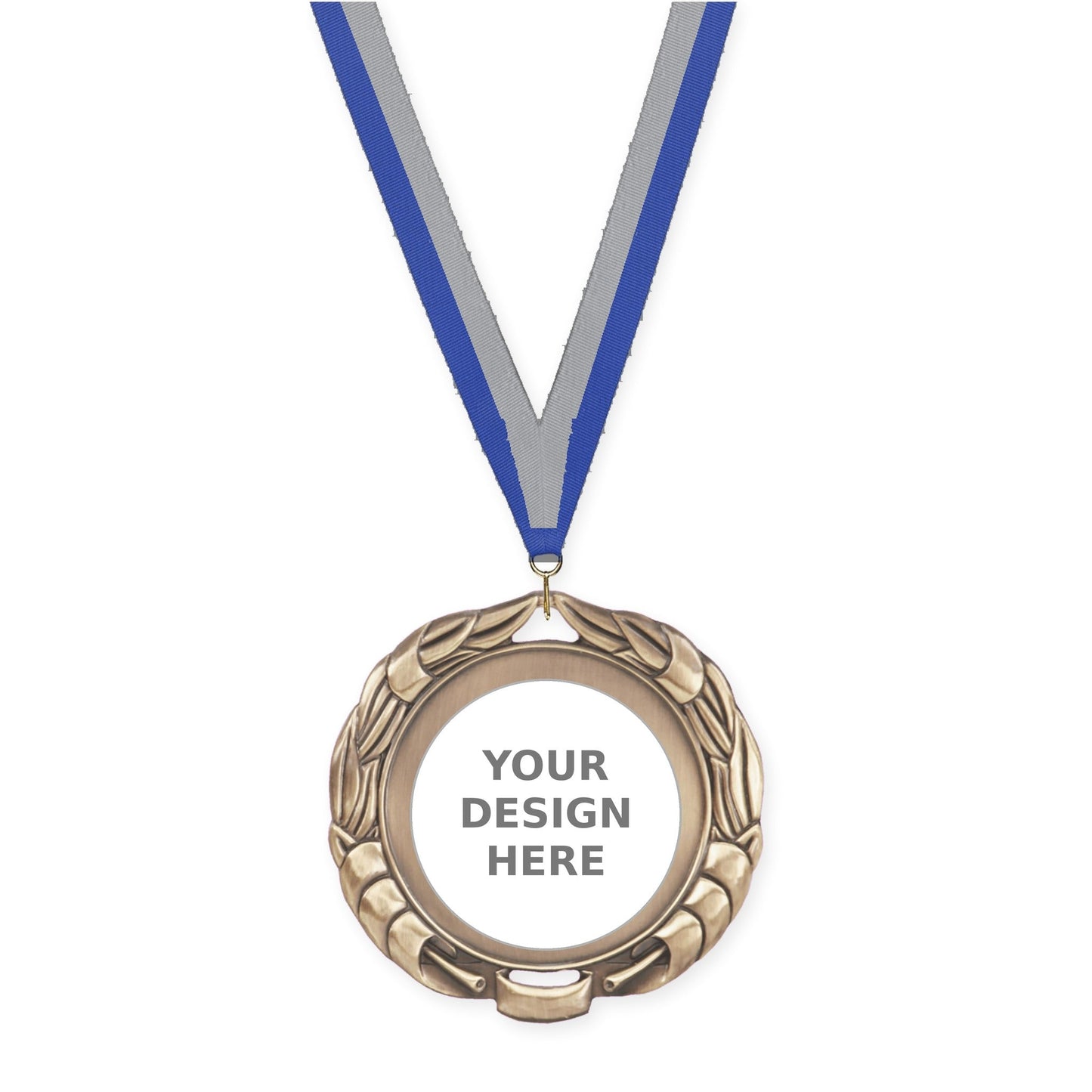2 3/4 inch Double-Sided Wreath insert medal in antique gold with Blue Gray neck ribbon