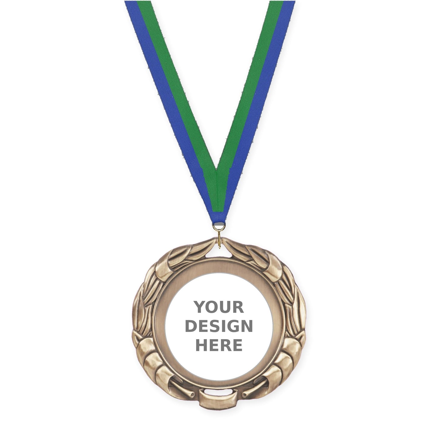 2 3/4 inch Double-Sided Wreath insert medal in antique gold with Blue Green neck ribbon