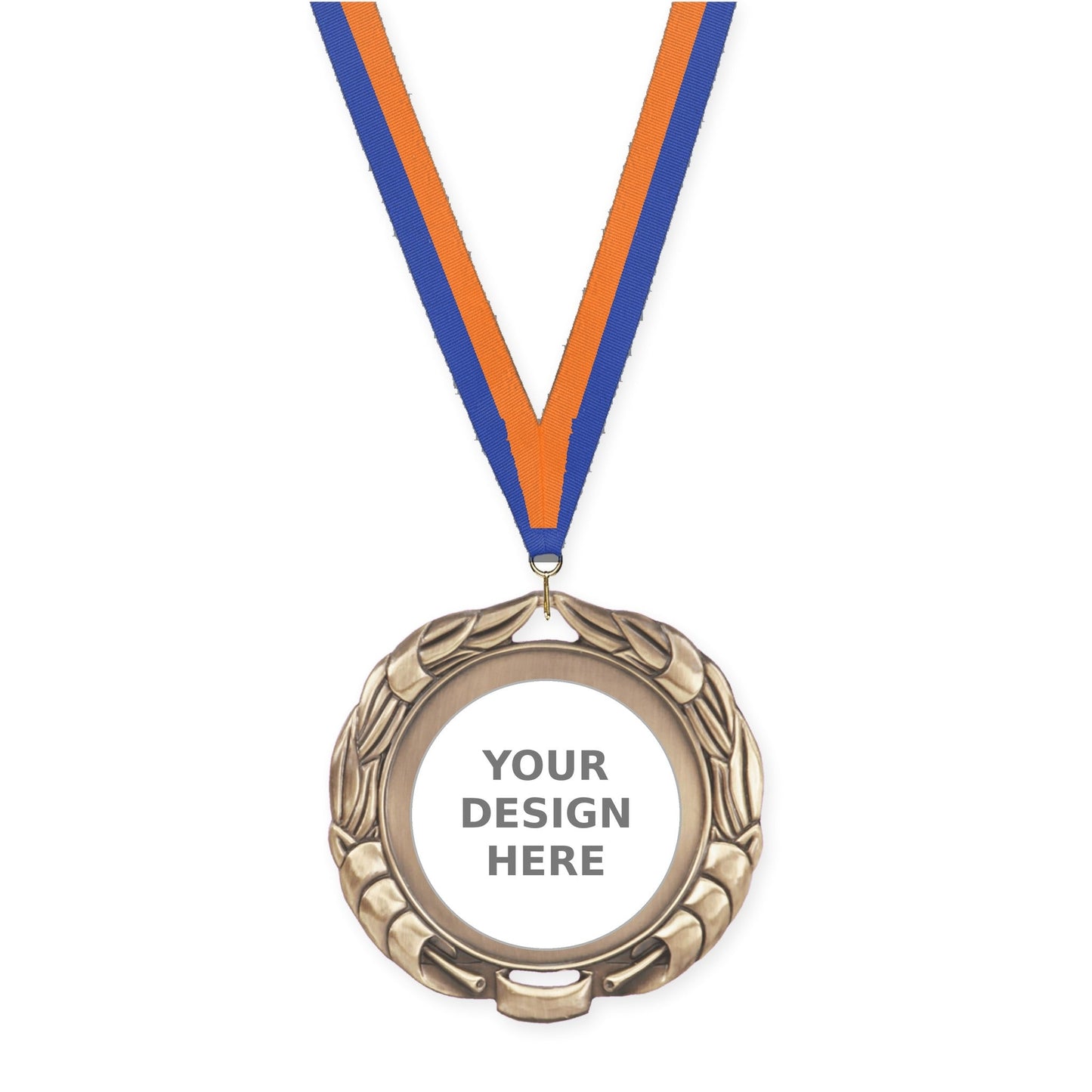 2 3/4 inch Double-Sided Wreath insert medal in antique gold with Blue Orange neck ribbon