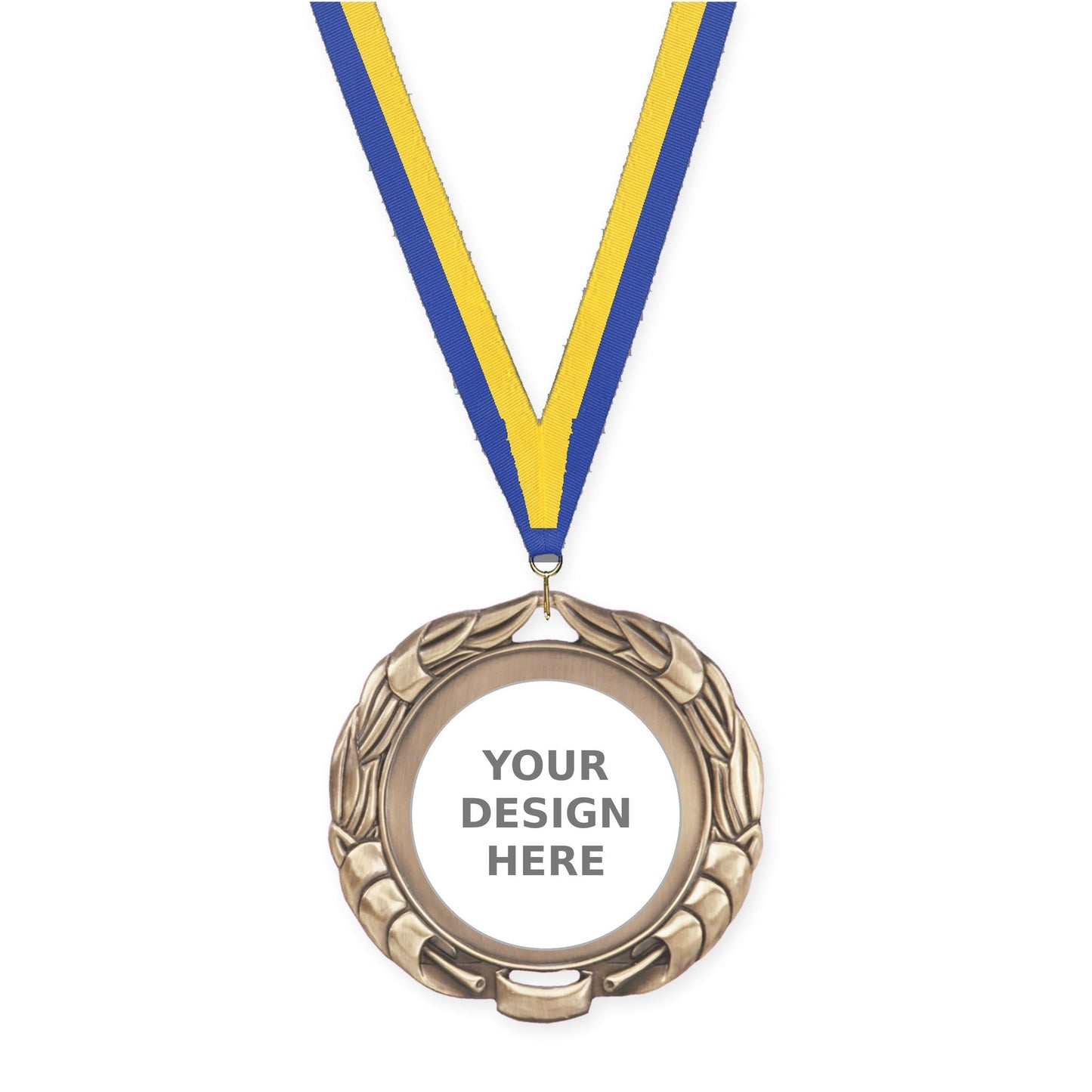2 3/4 inch Double-Sided Wreath insert medal in antique gold with Blue Yellow neck ribbon