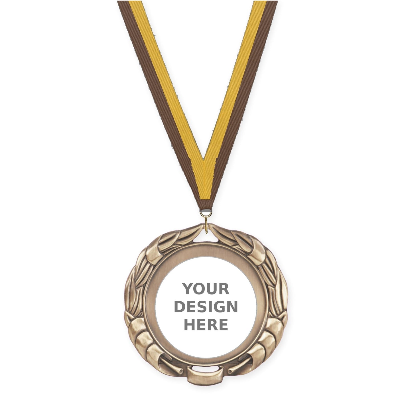 2 3/4 inch Double-Sided Wreath insert medal in antique gold with Brown Gold neck ribbon