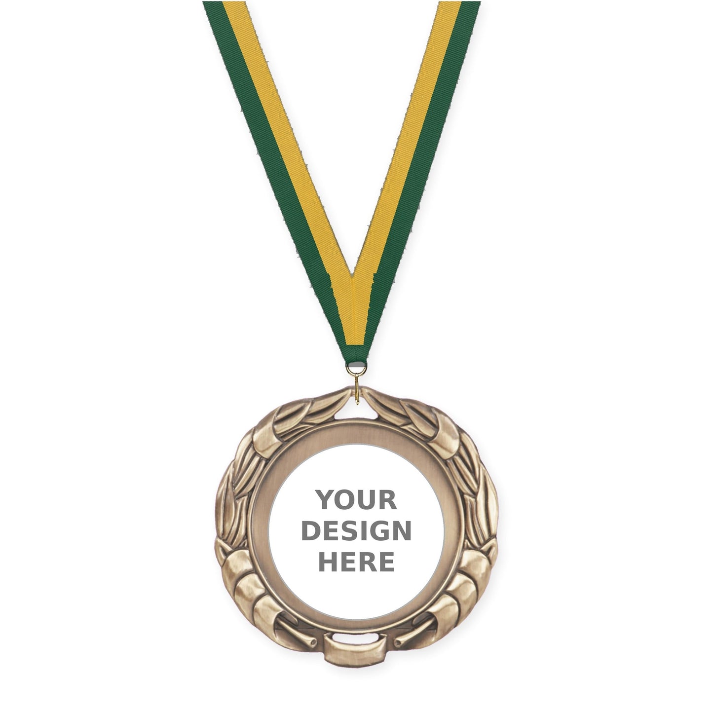 2 3/4 inch Double-Sided Wreath insert medal in antique gold with Hunter Green Gold neck ribbon