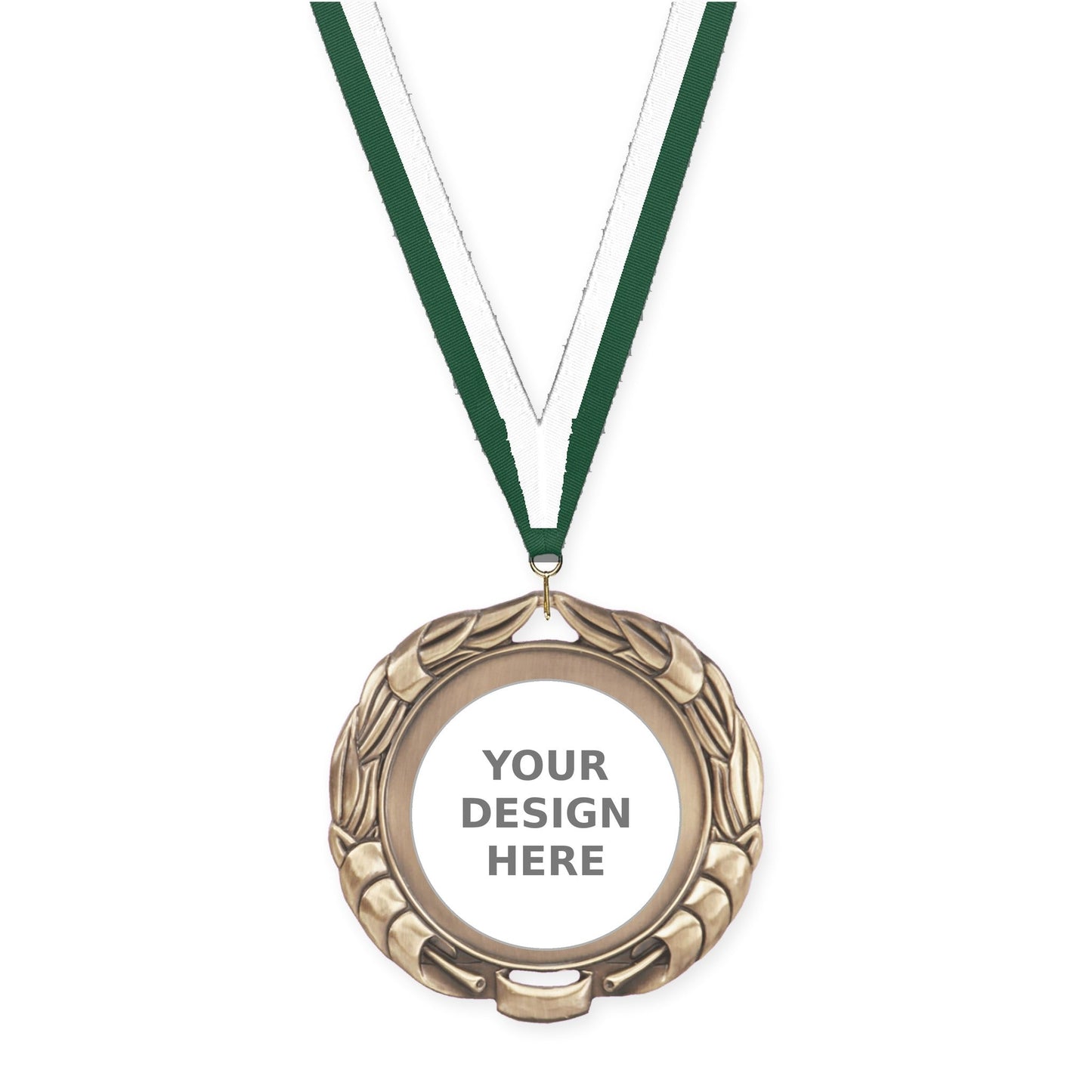 2 3/4 inch Double-Sided Wreath insert medal in antique gold with Hunter Green White neck ribbon