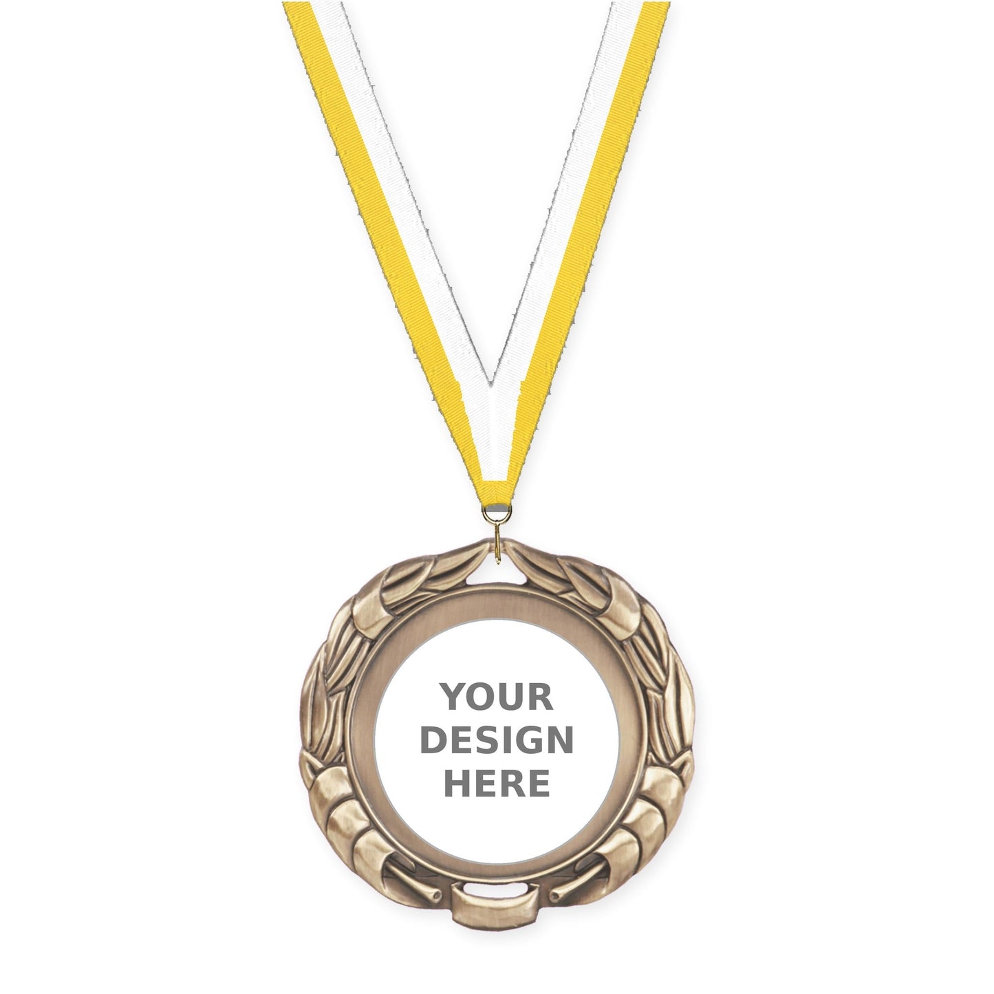 2 3/4 inch Double-Sided Wreath insert medal in antique gold with Yellow White neck ribbon