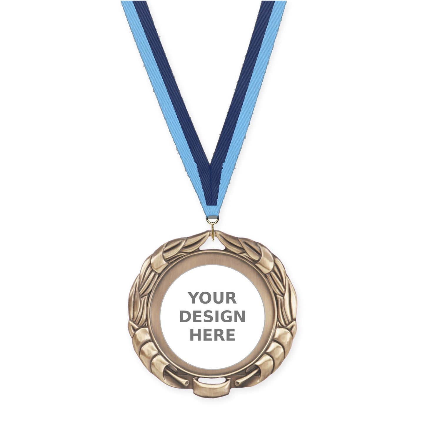 2 3/4 inch Double-Sided Wreath insert medal in antique gold with Light Blue Navy neck ribbon