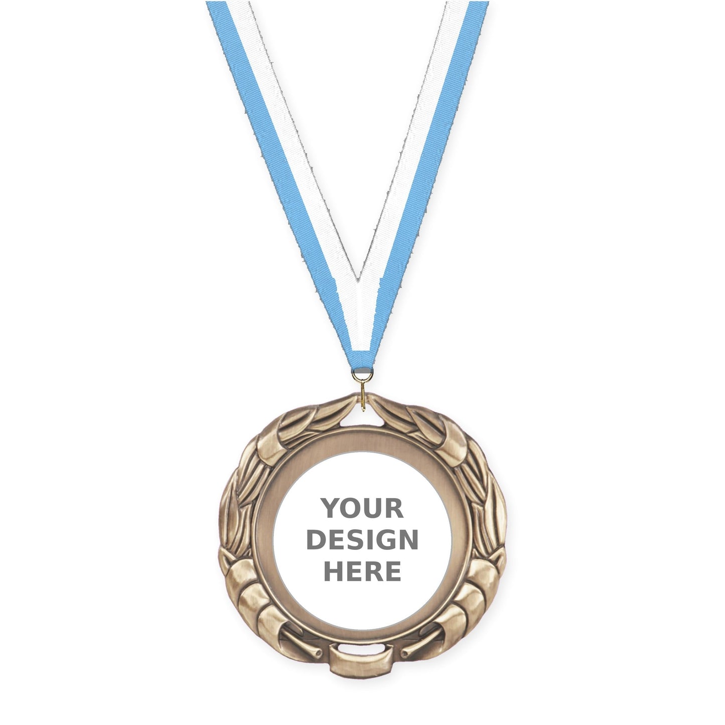 2 3/4 inch Double-Sided Wreath insert medal in antique gold with Light Blue White neck ribbon