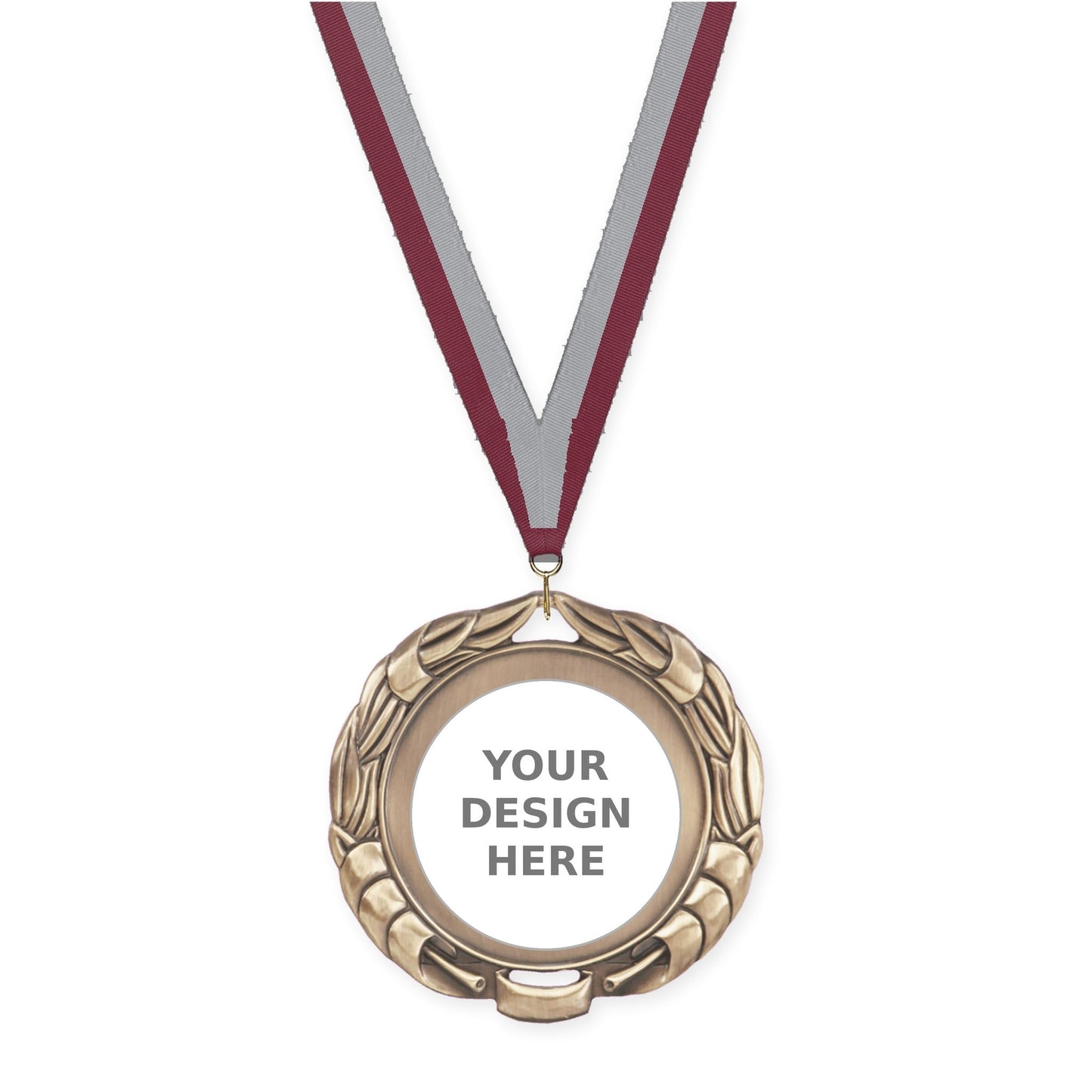 2 3/4 inch Double-Sided Wreath insert medal in antique gold with Maroon Gray neck ribbon