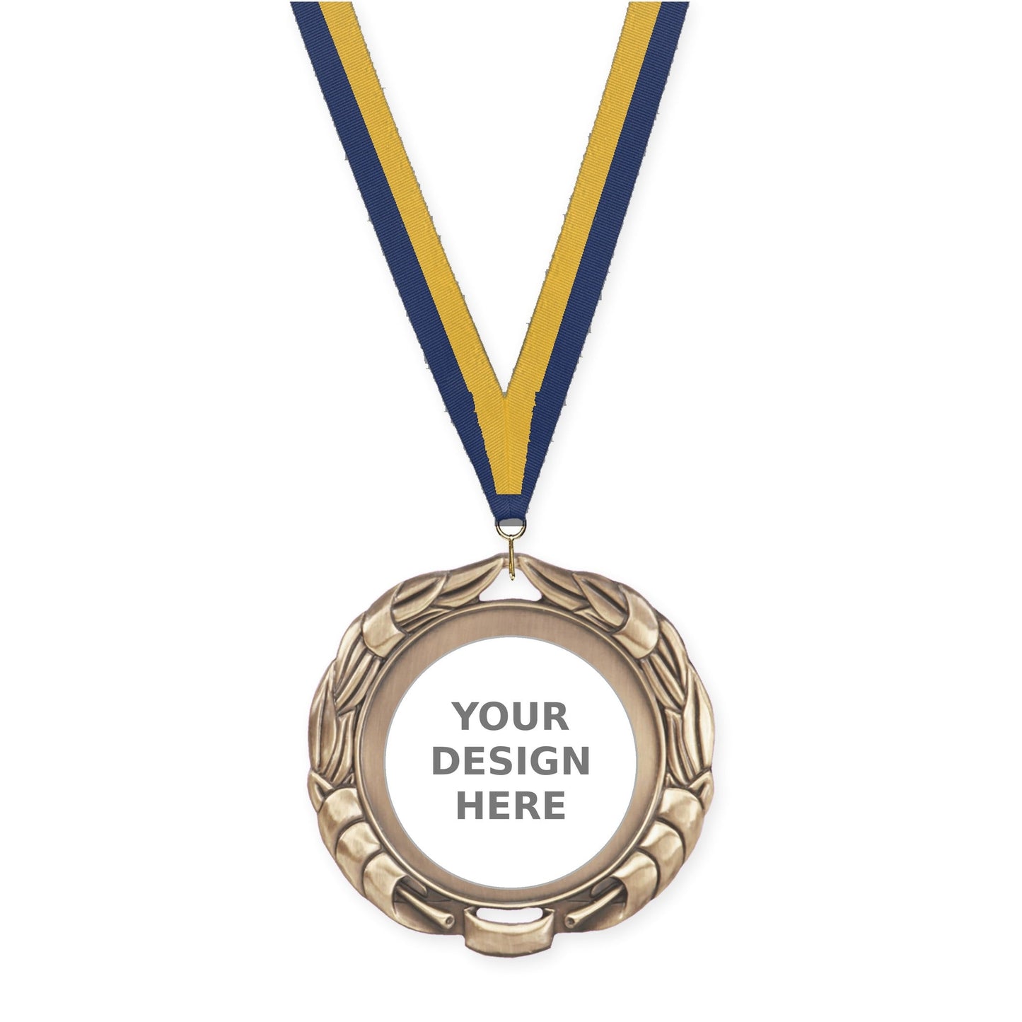 2 3/4 inch Double-Sided Wreath insert medal in antique gold with Navy Gold neck ribbon