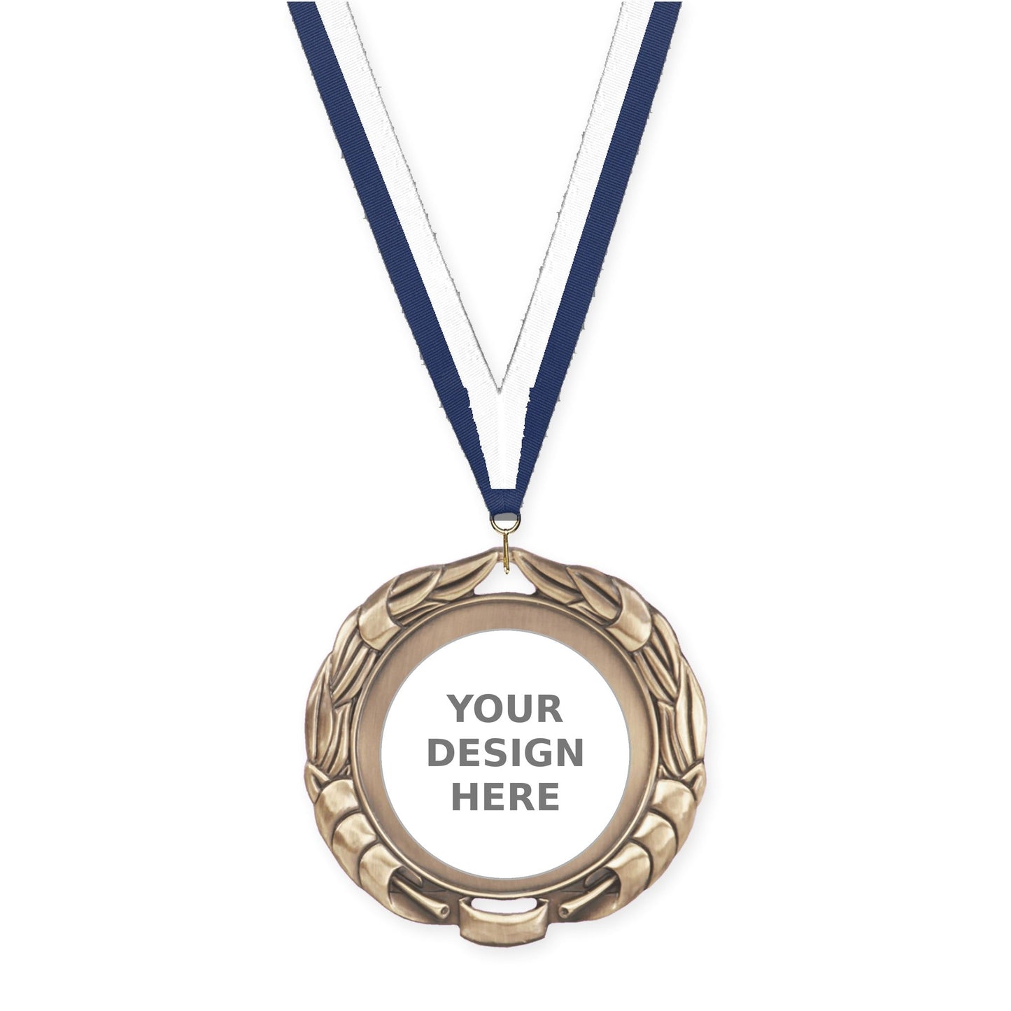 2 3/4 inch Double-Sided Wreath insert medal in antique gold with Navy White neck ribbon