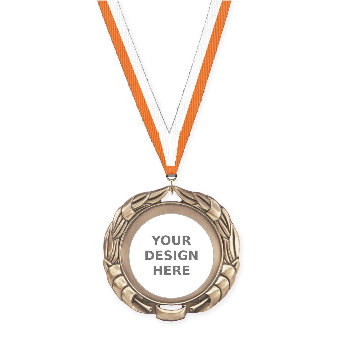 2 3/4 inch Double-Sided Wreath insert medal in antique gold with Orange White neck ribbon