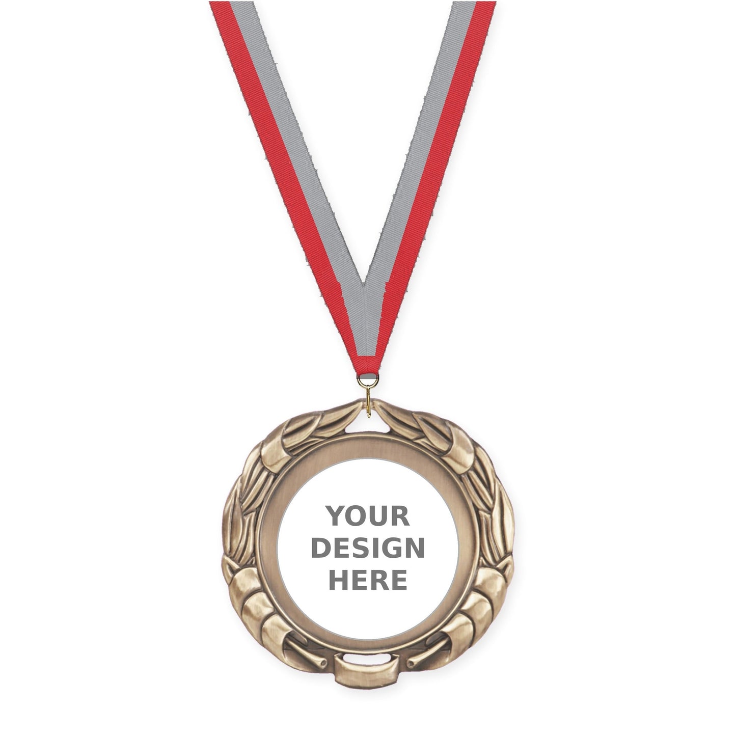 2 3/4 inch Double-Sided Wreath insert medal in antique gold with Red Gray neck ribbon