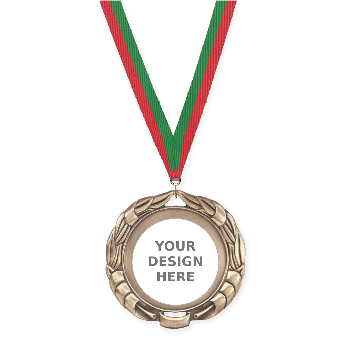 2 3/4 inch Double-Sided Wreath insert medal in antique gold with Red Green neck ribbon