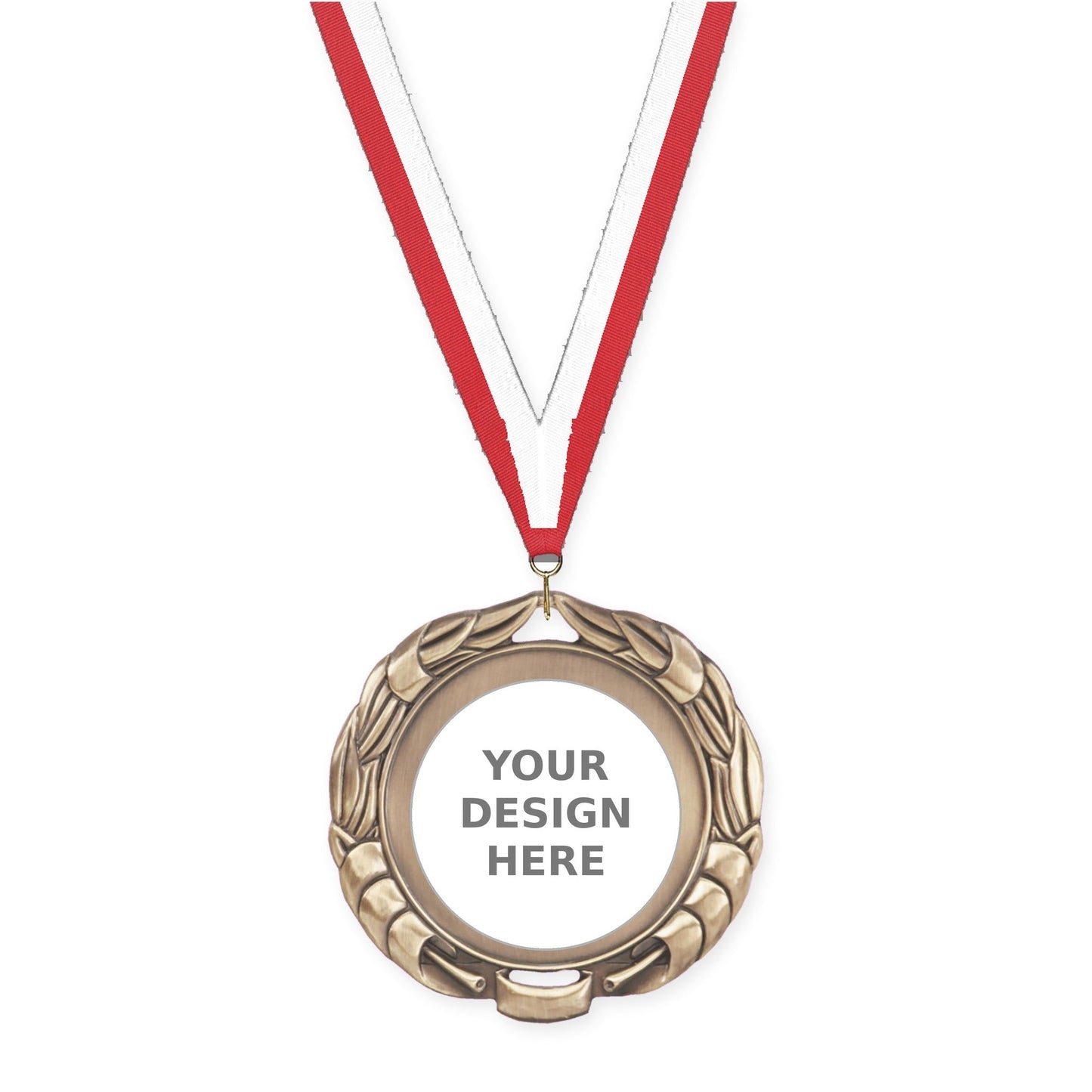 2 3/4 inch Double-Sided Wreath insert medal in antique gold with Red White neck ribbon