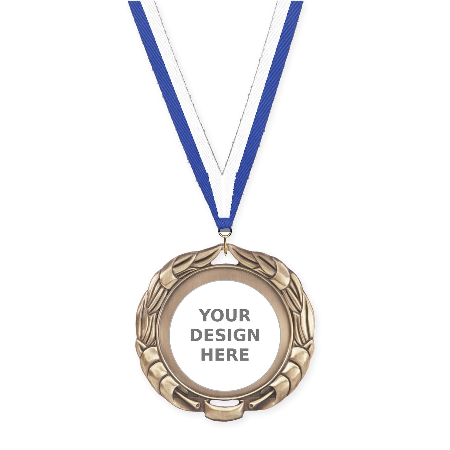 2 3/4 inch Double-Sided Wreath insert medal in antique gold with Blue White neck ribbon