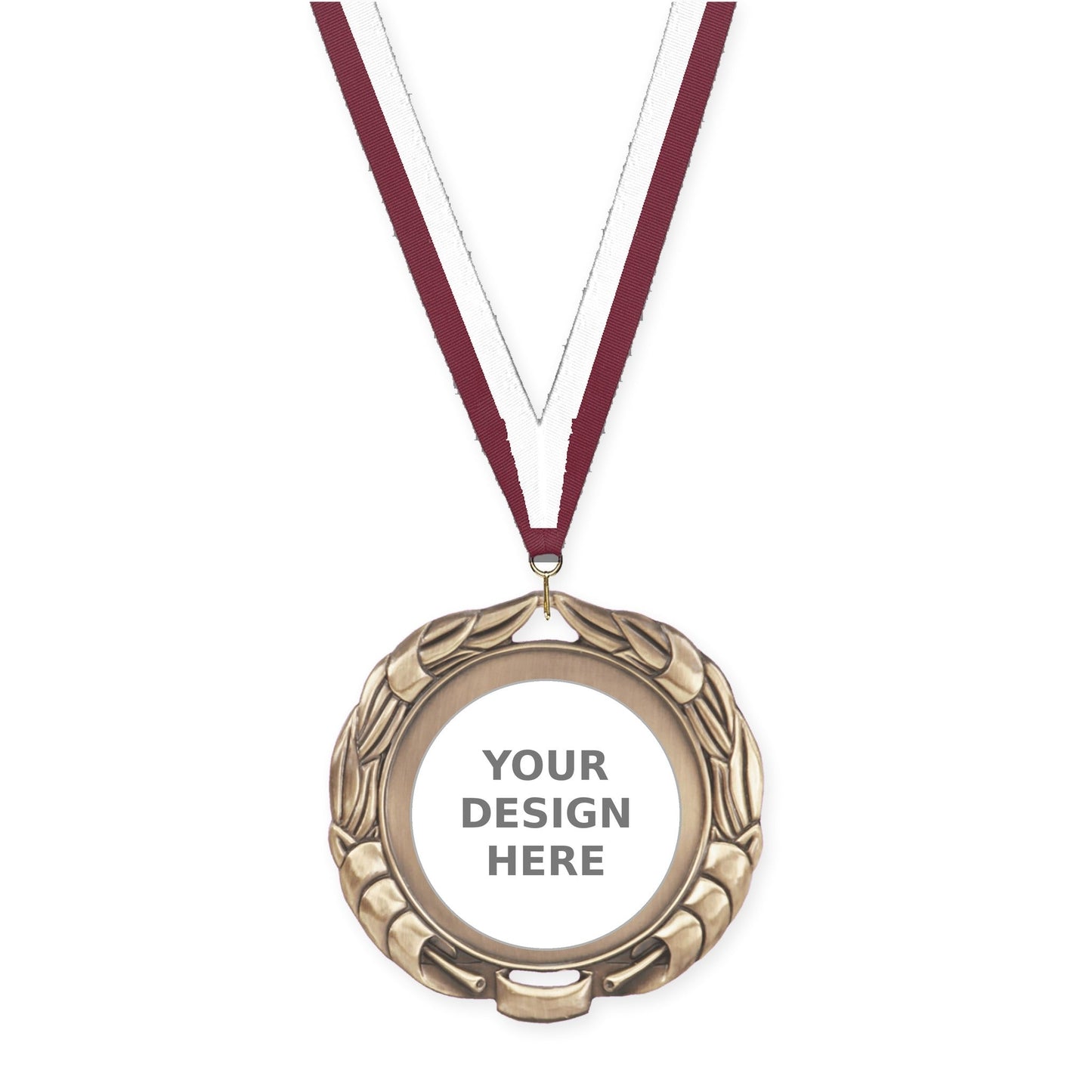 2 3/4 inch Double-Sided Wreath insert medal in antique gold with Maroon White neck ribbon