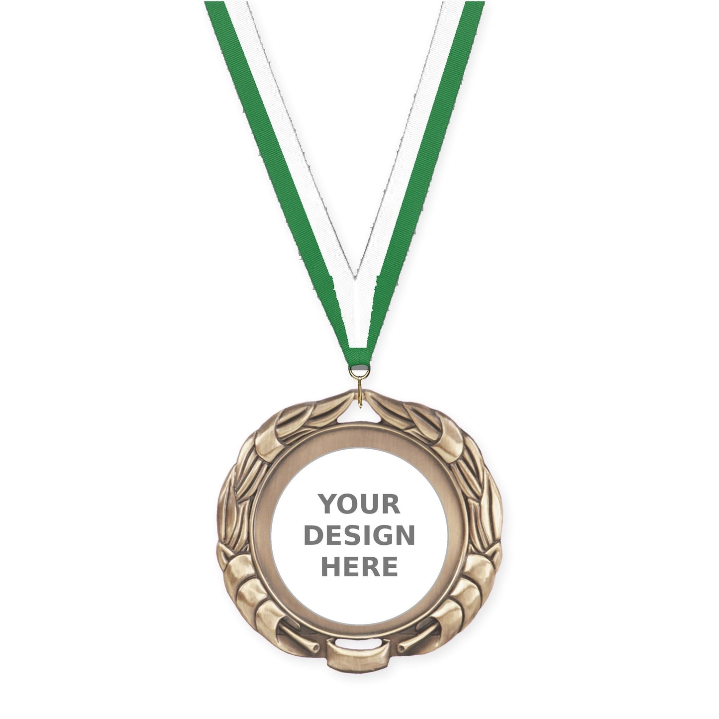 2 3/4 inch Double-Sided Wreath insert medal in antique gold with Green White neck ribbon
