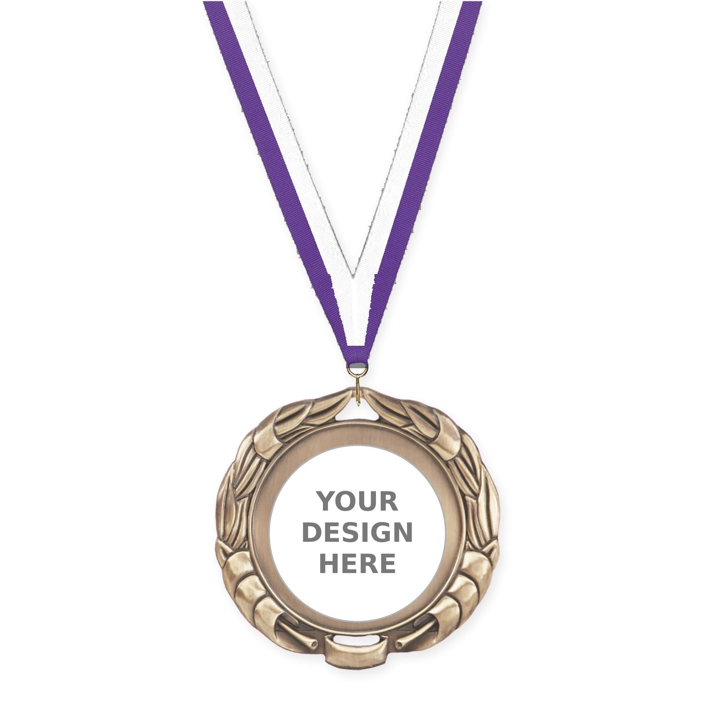 2 3/4 inch Double-Sided Wreath insert medal in antique gold with Purple White neck ribbon