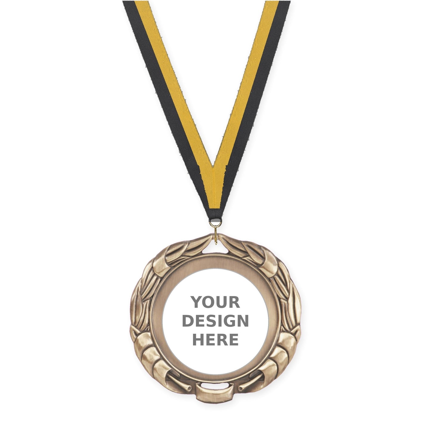 2 3/4 inch Double-Sided Wreath insert medal in antique gold with Black Gold neck ribbon