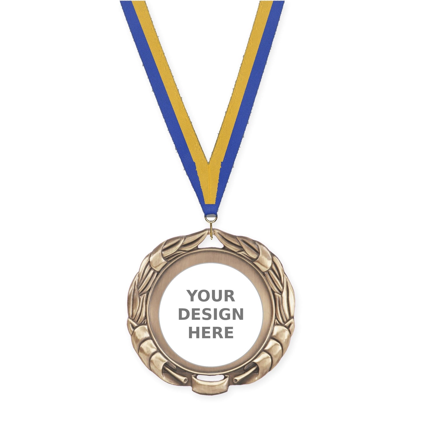 2 3/4 inch Double-Sided Wreath insert medal in antique gold with Blue Gold neck ribbon