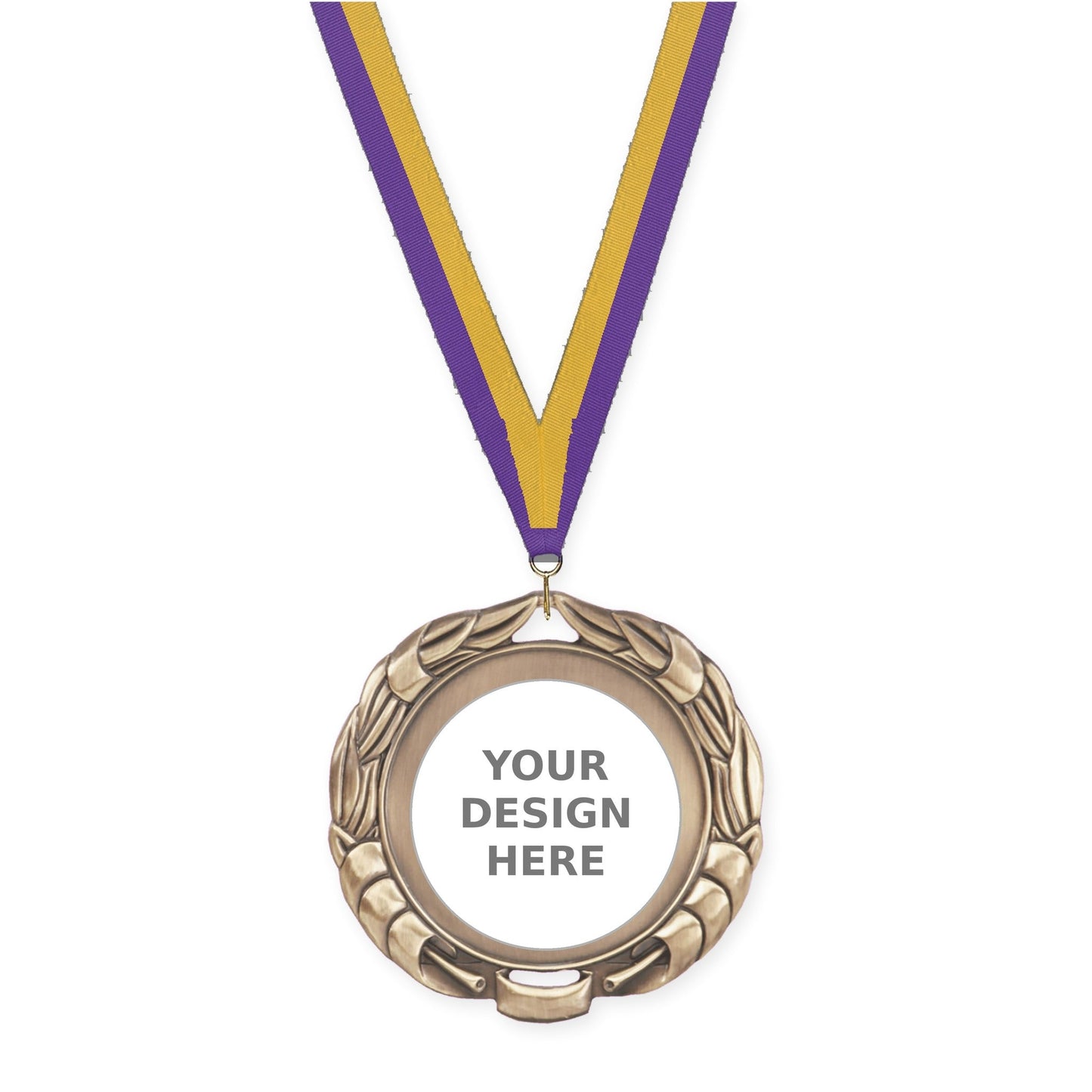 2 3/4 inch Double-Sided Wreath insert medal in antique gold with Purple Gold neck ribbon