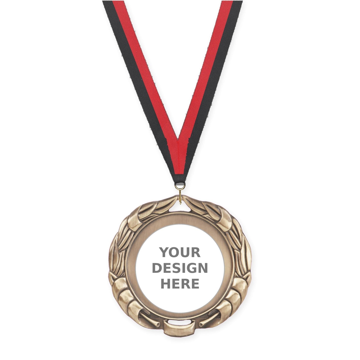 2 3/4 inch Double-Sided Wreath insert medal in antique gold with Black Red neck ribbon