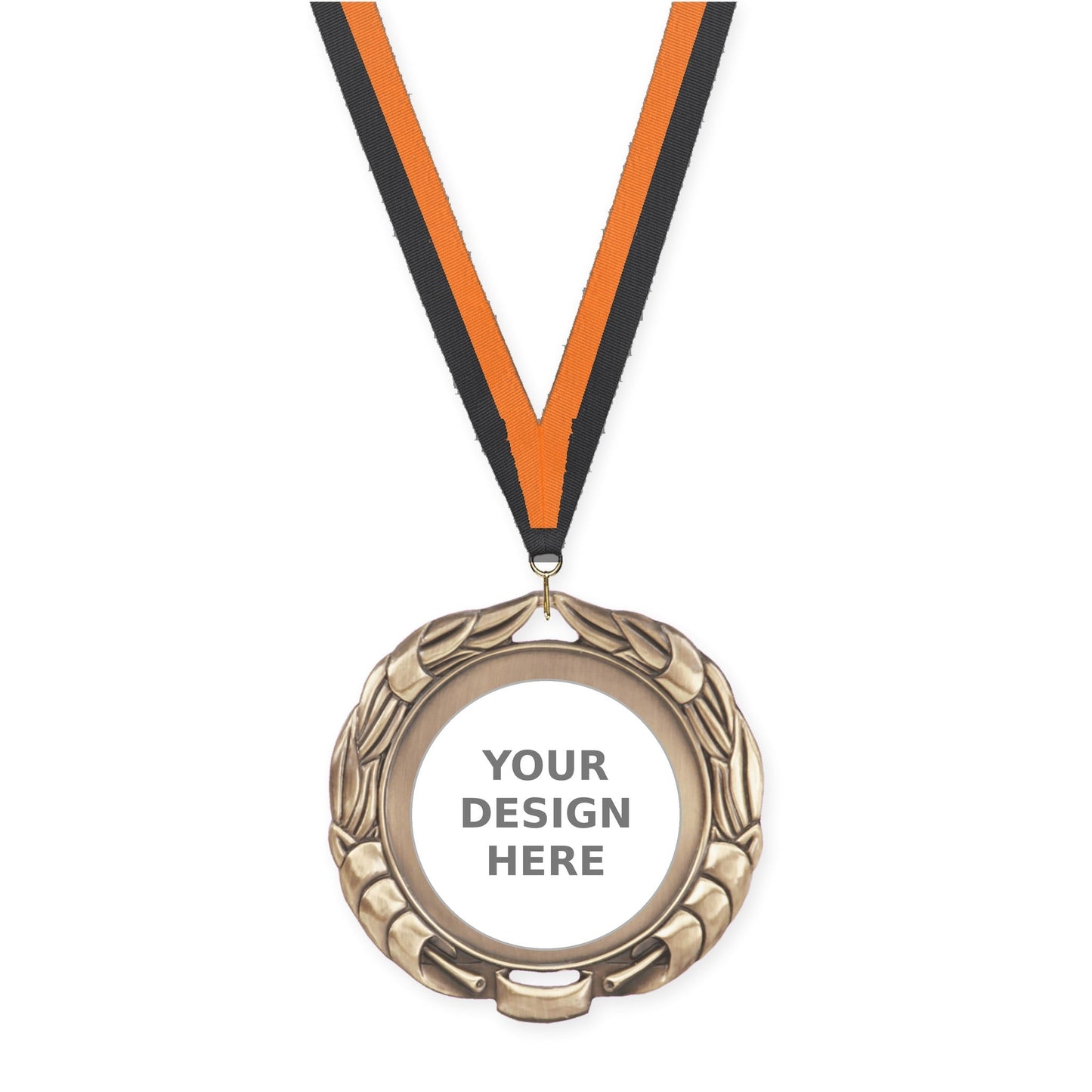 2 3/4 inch Double-Sided Wreath insert medal in antique gold with Black Orange neck ribbon