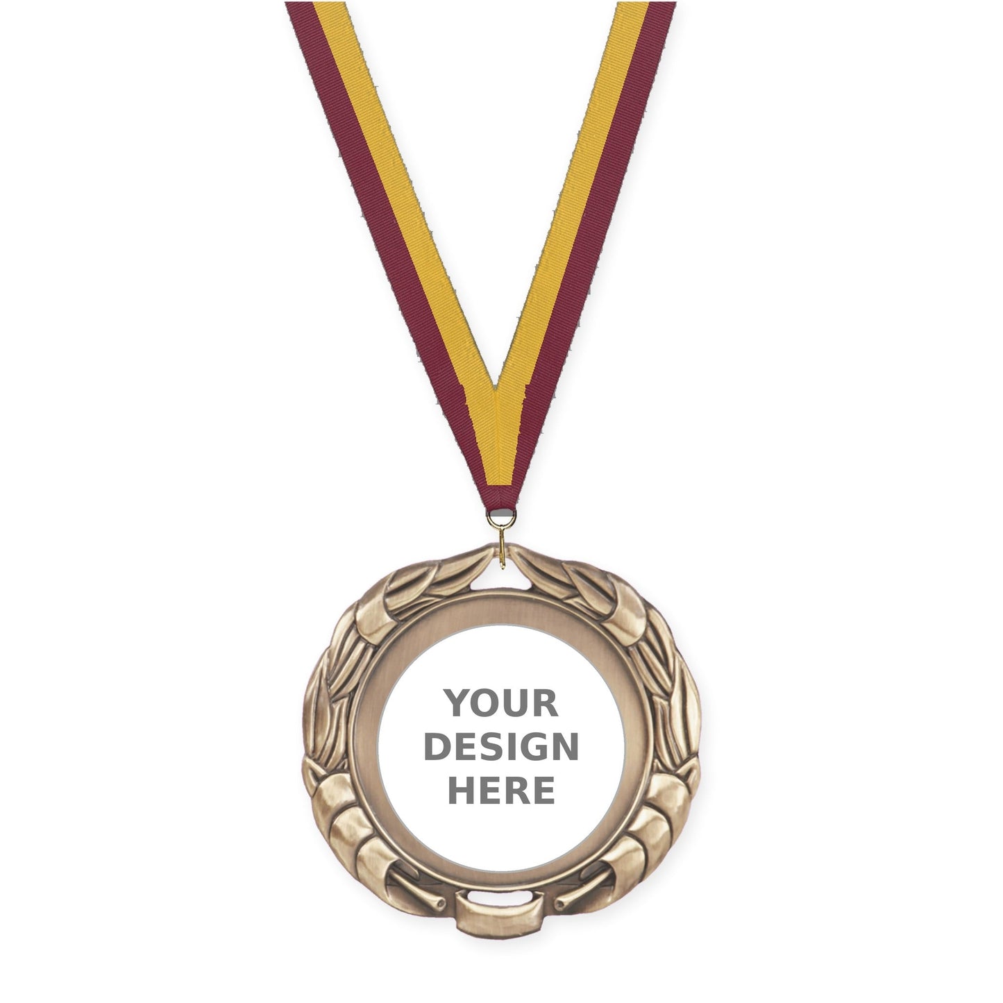 2 3/4 inch Double-Sided Wreath insert medal in antique gold with Maroon Gold neck ribbon