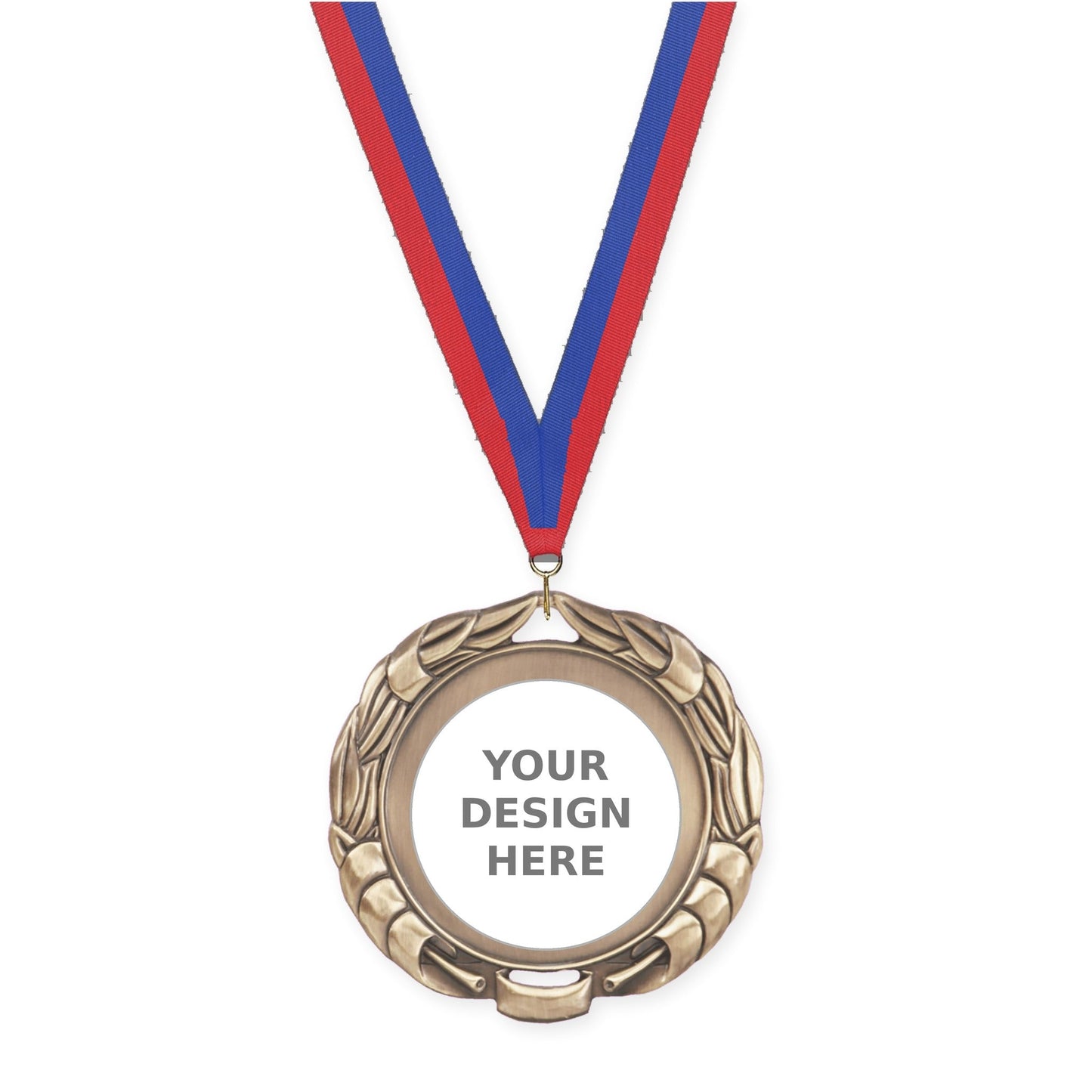2 3/4 inch Double-Sided Wreath insert medal in antique gold with Blue Red neck ribbon