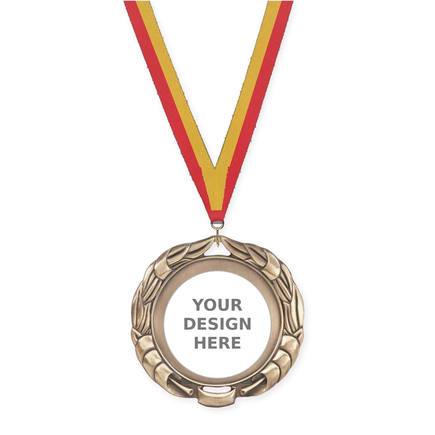 2 3/4 inch Double-Sided Wreath insert medal in antique gold with Red Gold neck ribbon