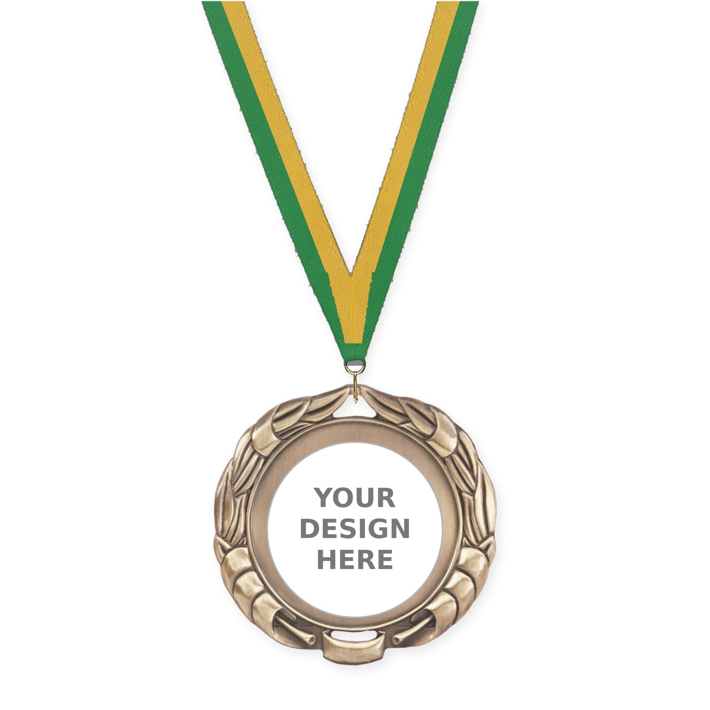 2 3/4 inch Double-Sided Wreath insert medal in antique gold with Green Gold neck ribbon
