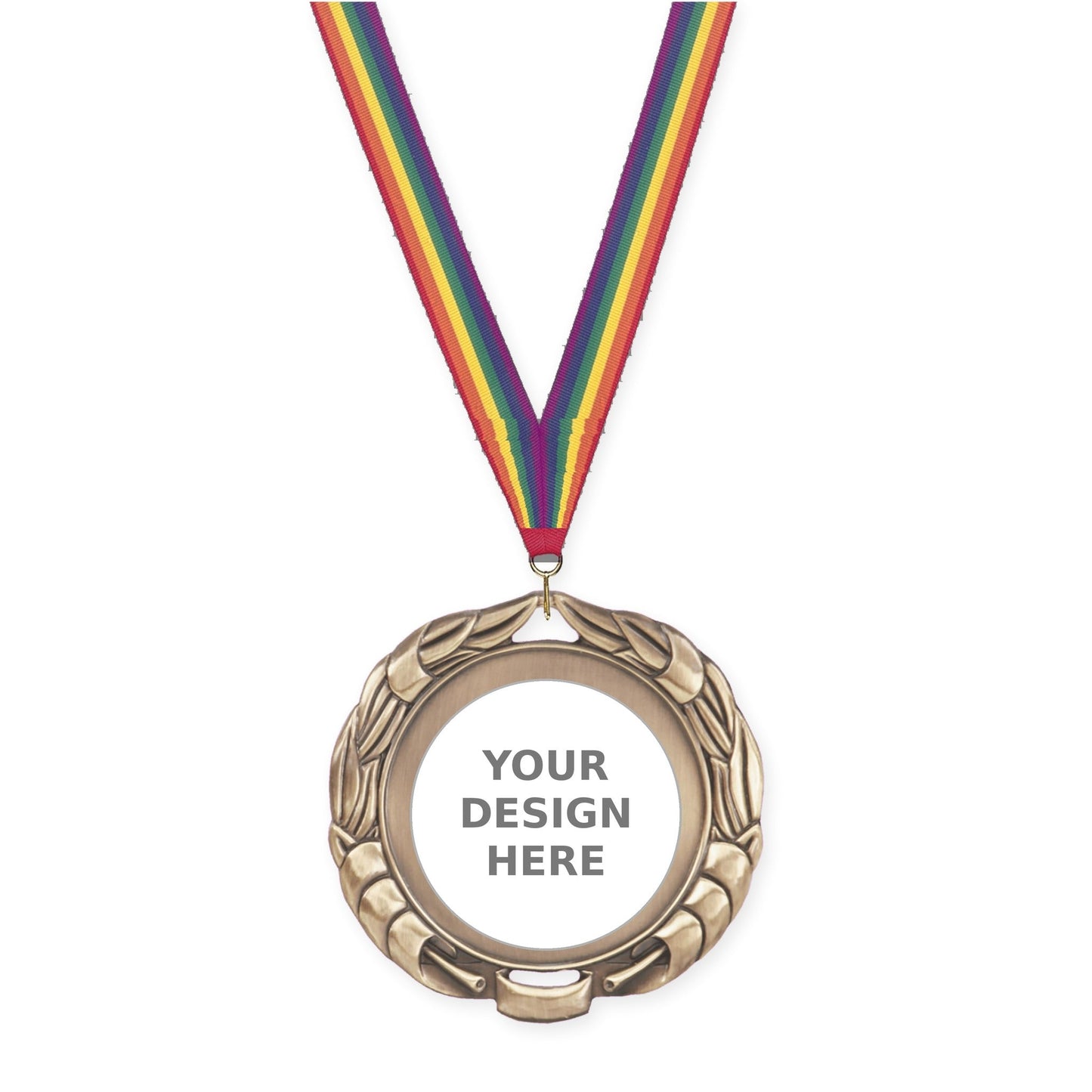 2 3/4 inch Double-Sided Wreath insert medal in antique gold with Rainbow neck ribbon
