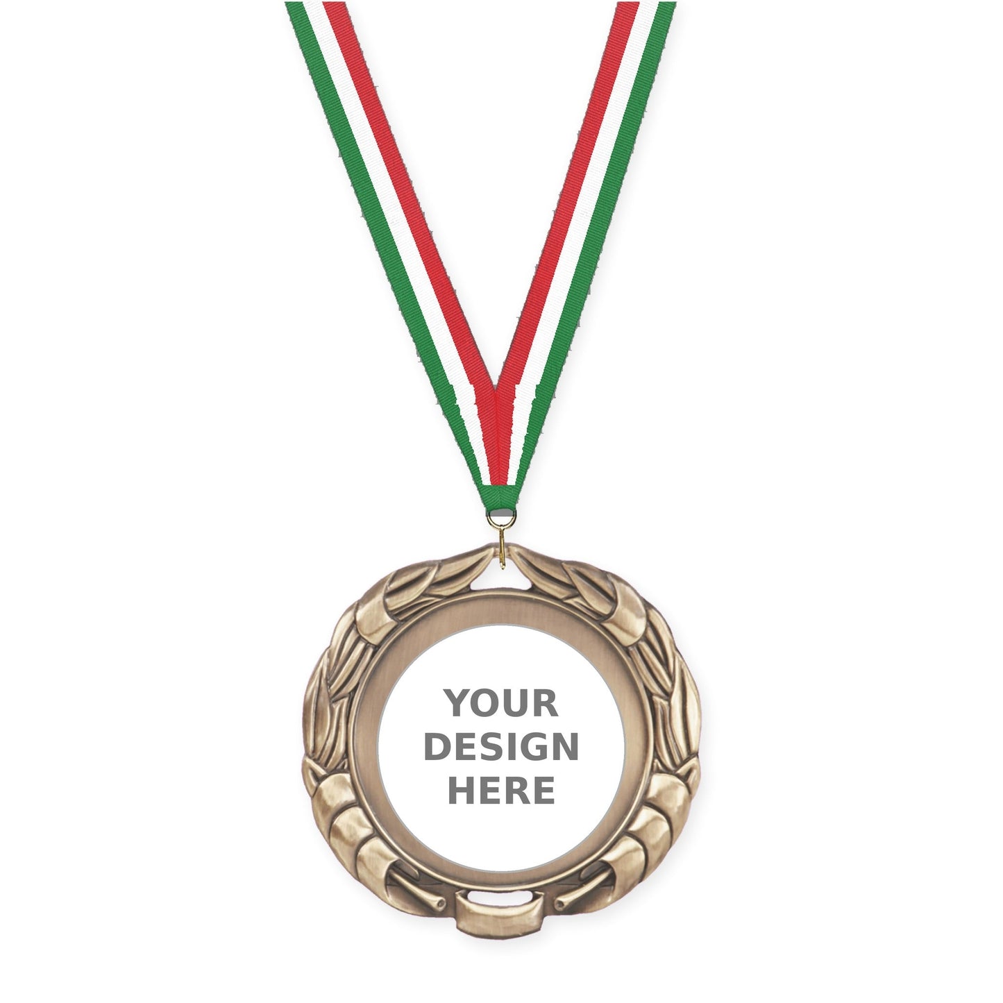 2 3/4 inch Double-Sided Wreath insert medal in antique gold with Green White Red neck ribbon
