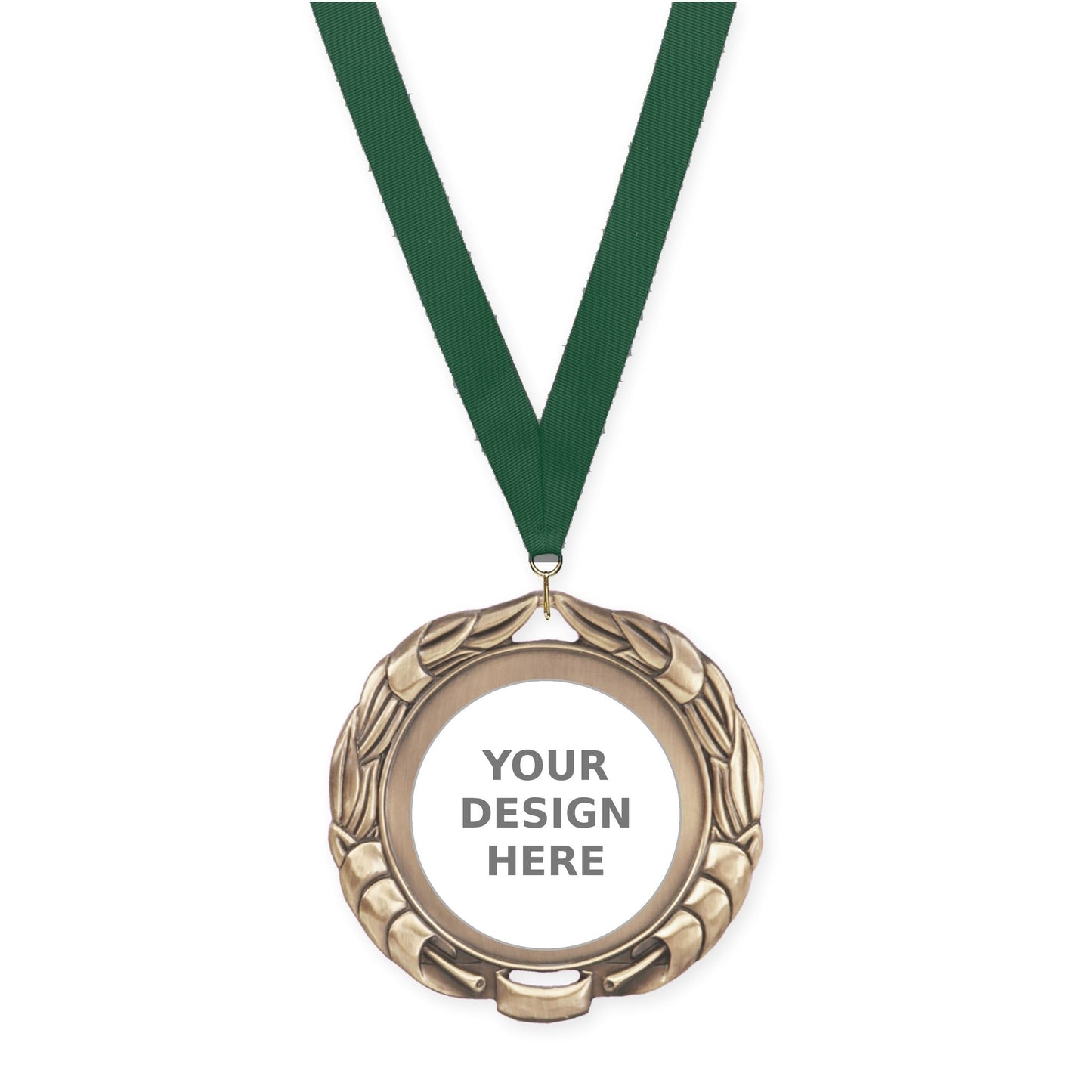 2 3/4 inch Double-Sided Wreath insert medal in antique gold with Hunter Green neck ribbon