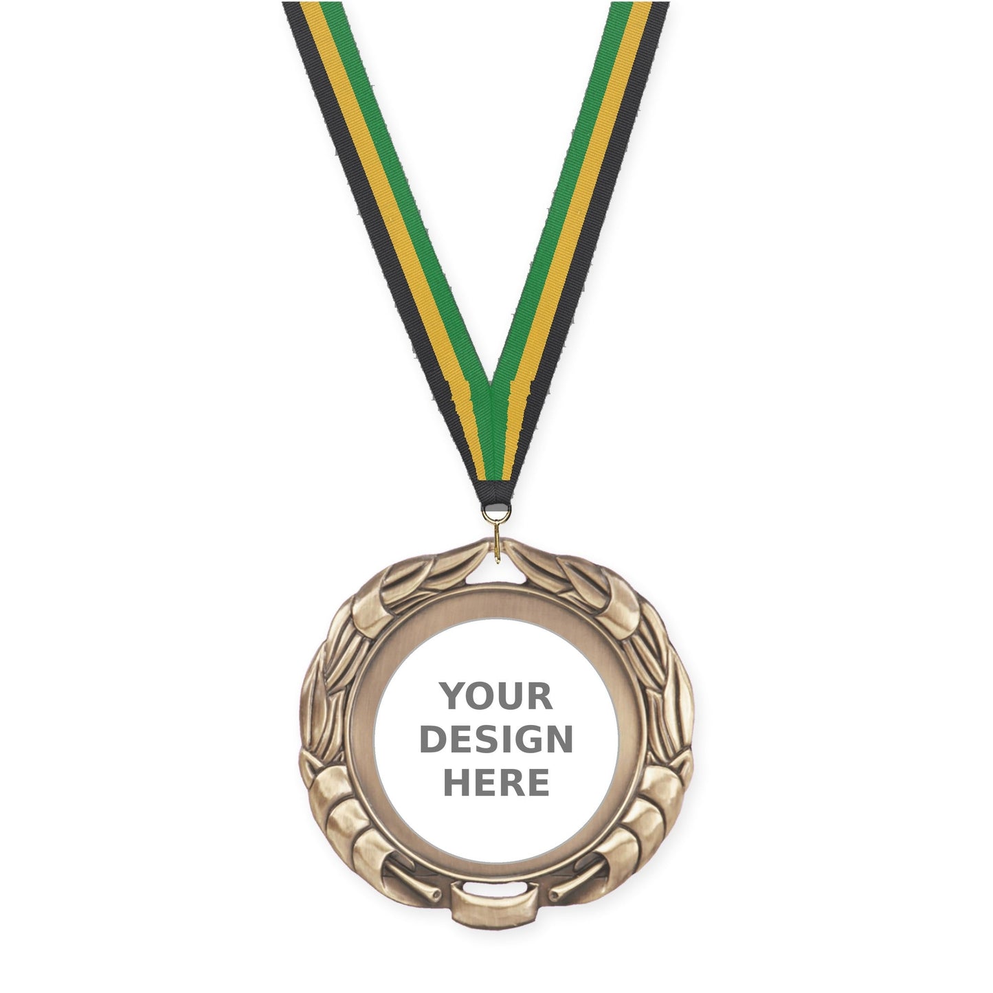 2 3/4 inch Double-Sided Wreath insert medal in antique gold with Black Gold Green neck ribbon