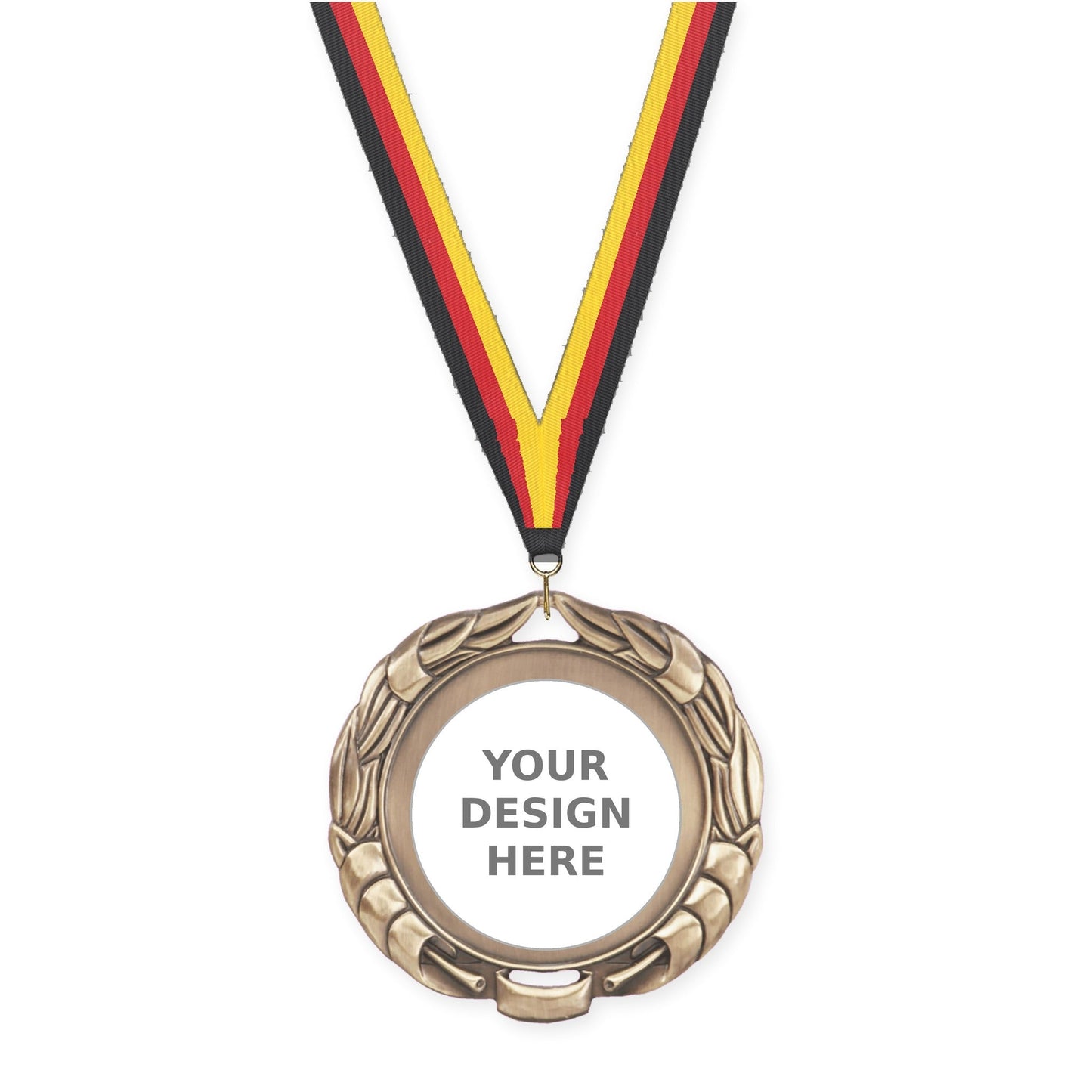 2 3/4 inch Double-Sided Wreath insert medal in antique gold with Black Red Yellow neck ribbon