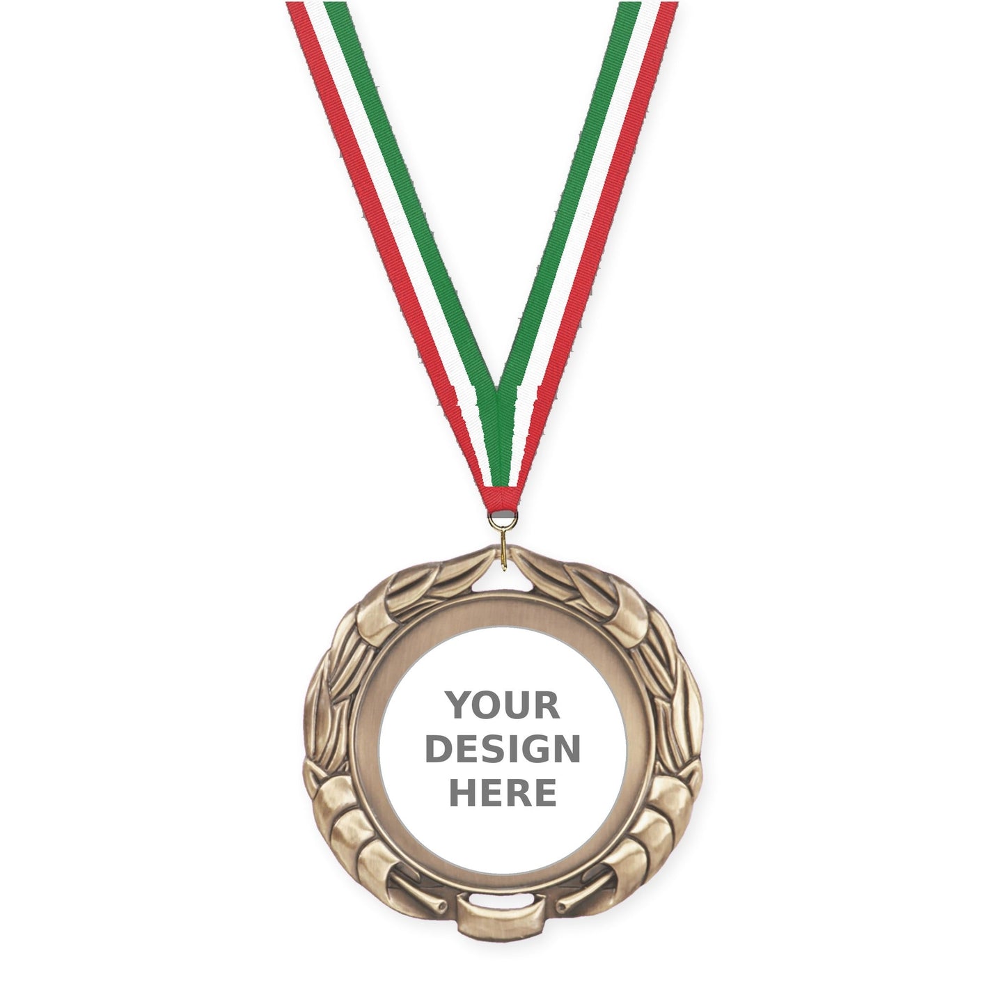 2 3/4 inch Double-Sided Wreath insert medal in antique gold with Red White Green neck ribbon