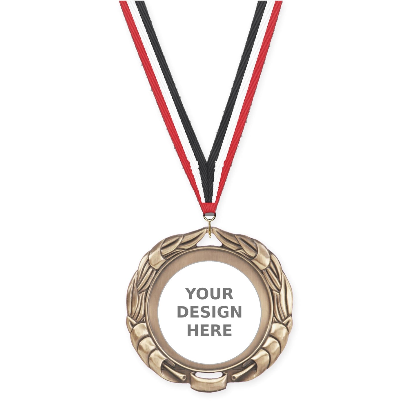 2 3/4 inch Double-Sided Wreath insert medal in antique gold with Red White Black neck ribbon