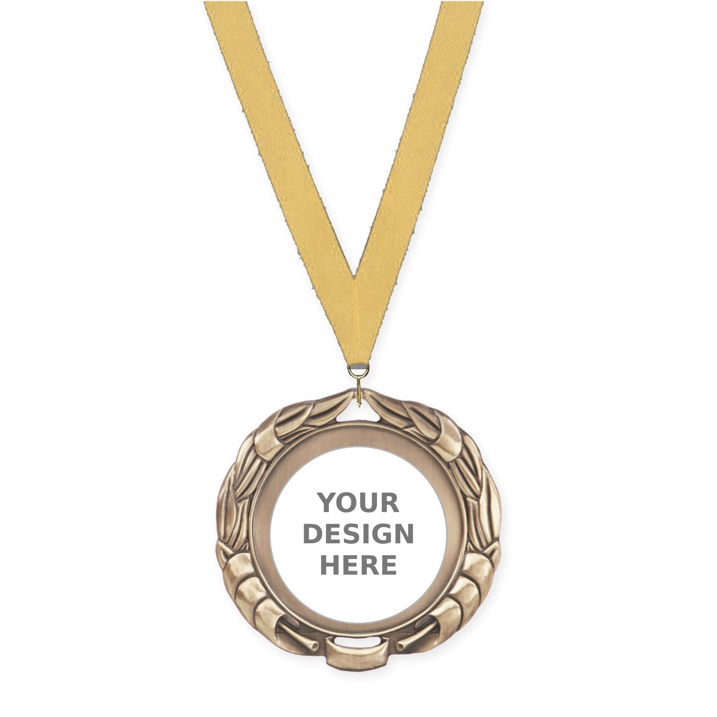 2 3/4 inch Double-Sided Wreath insert medal in antique gold with Gold Metallic neck ribbon