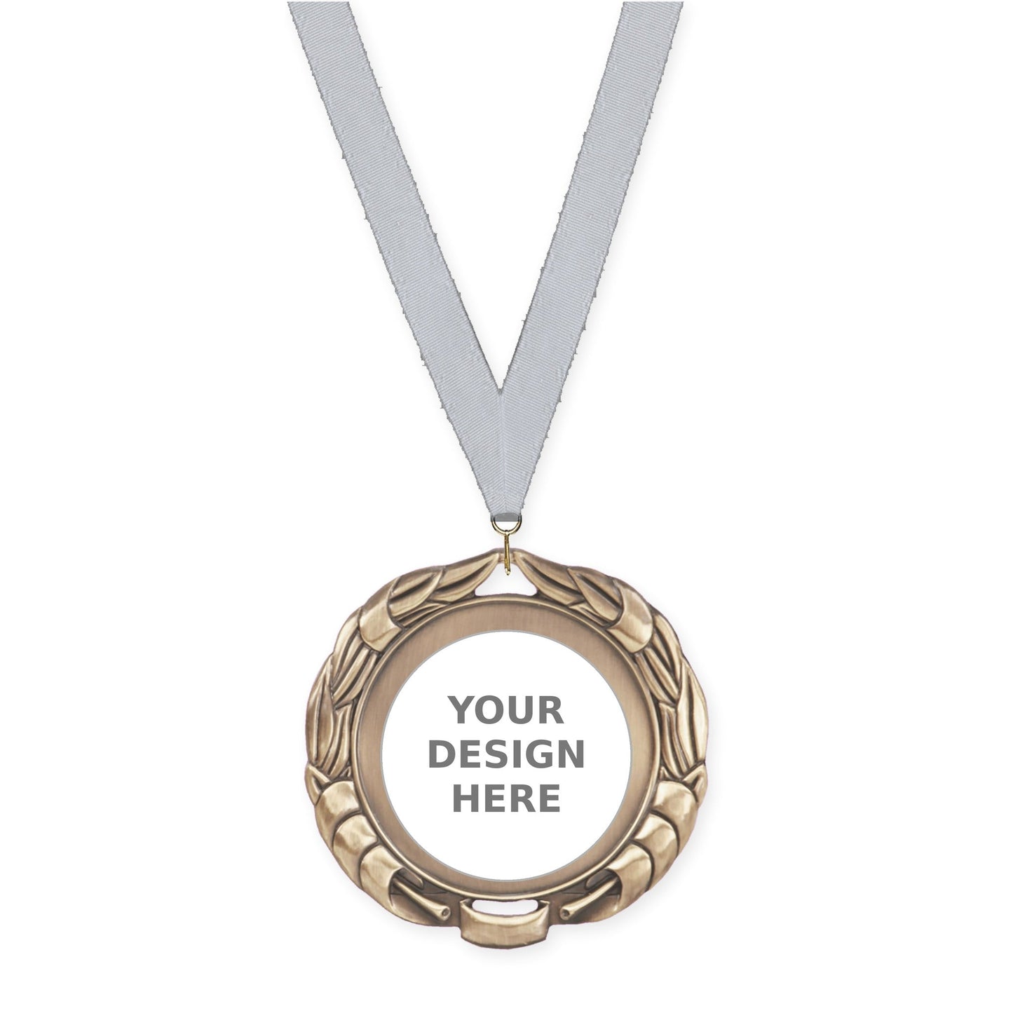 2 3/4 inch Double-Sided Wreath insert medal in antique gold with Silver Metallic neck ribbon