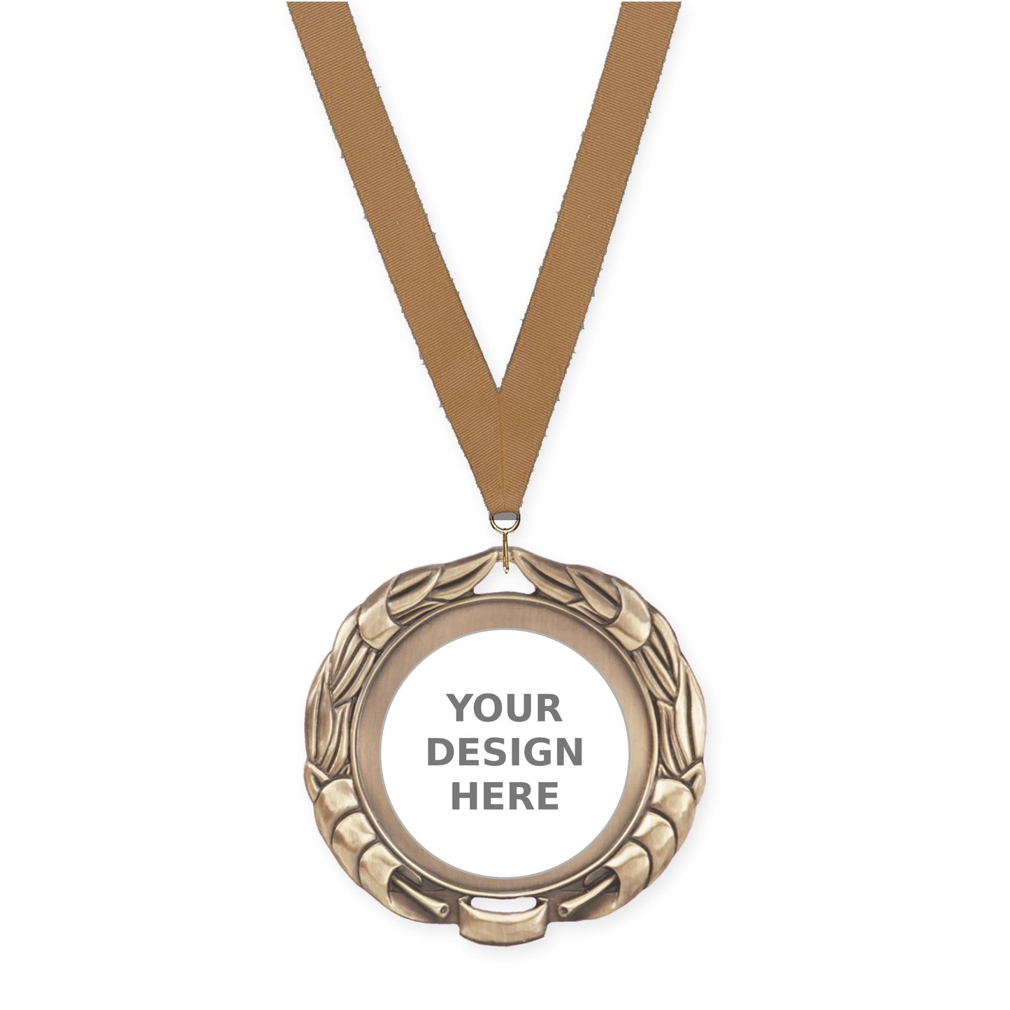 2 3/4 inch Double-Sided Wreath insert medal in antique gold with Bronze Metallic neck ribbon