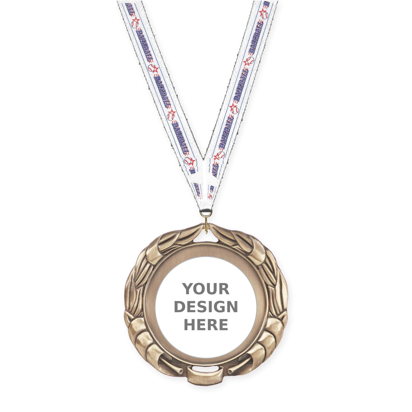 2 3/4 inch Double-Sided Wreath insert medal in antique gold with Baseball neck ribbon