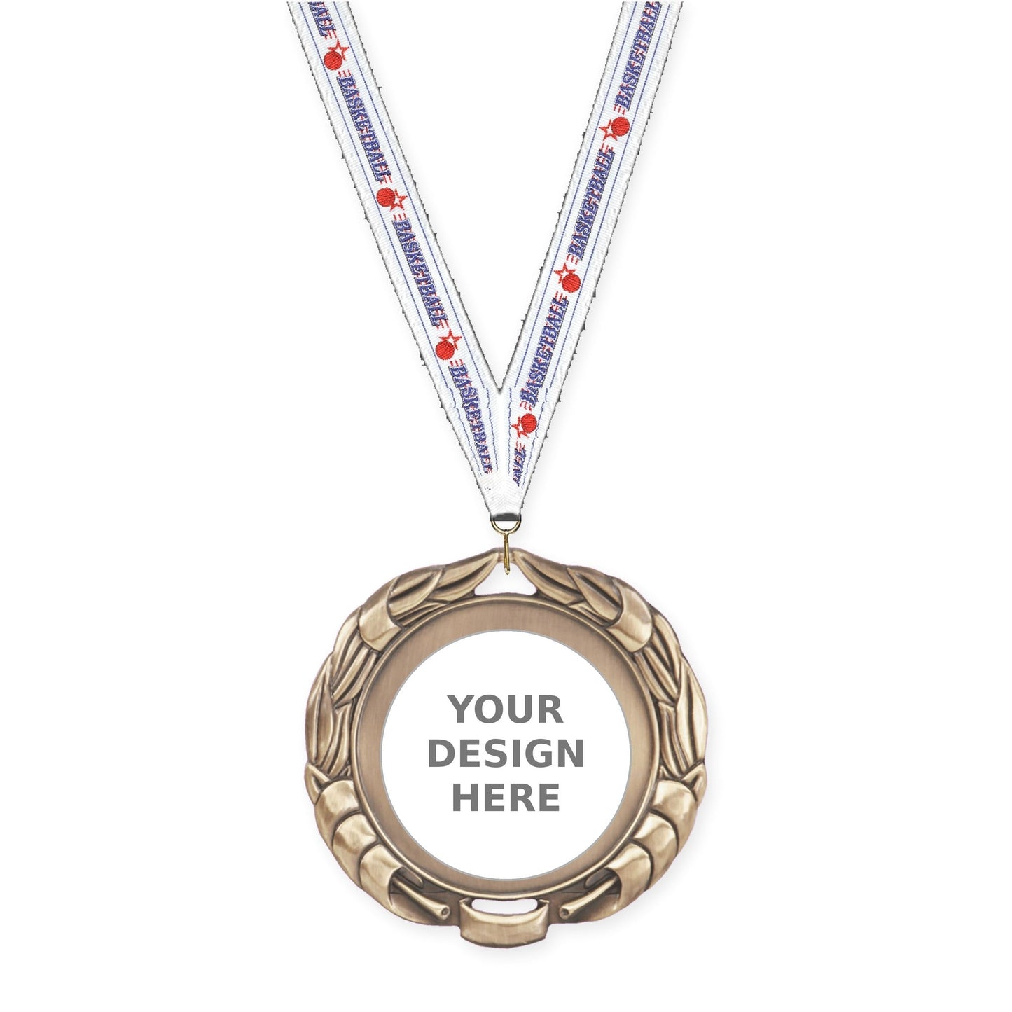 2 3/4 inch Double-Sided Wreath insert medal in antique gold with Basketball neck ribbon