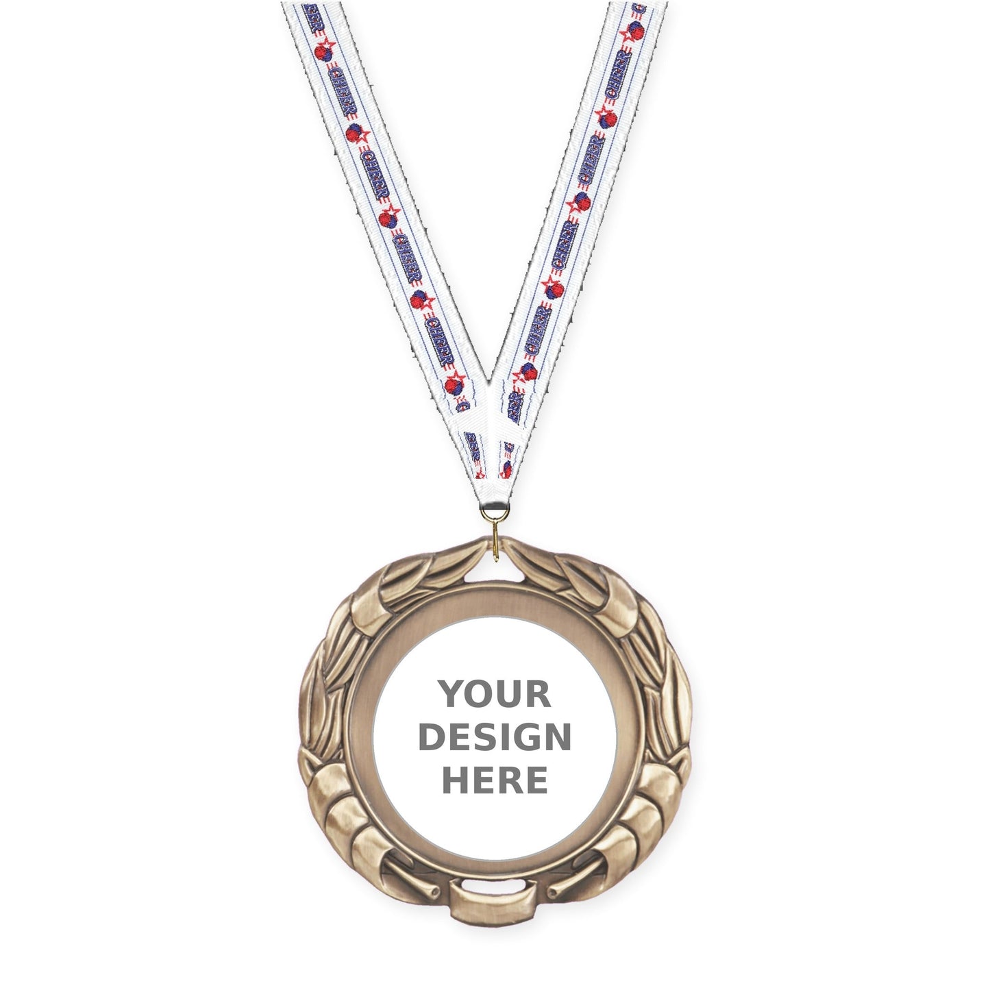 2 3/4 inch Double-Sided Wreath insert medal in antique gold with Cheerleading neck ribbon
