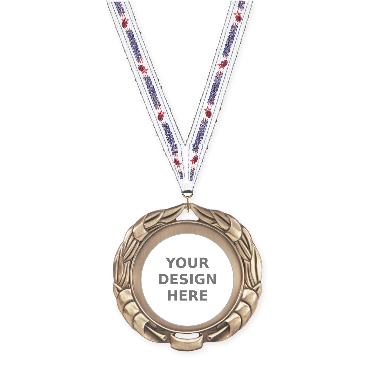 2 3/4 inch Double-Sided Wreath insert medal in antique gold with Football neck ribbon
