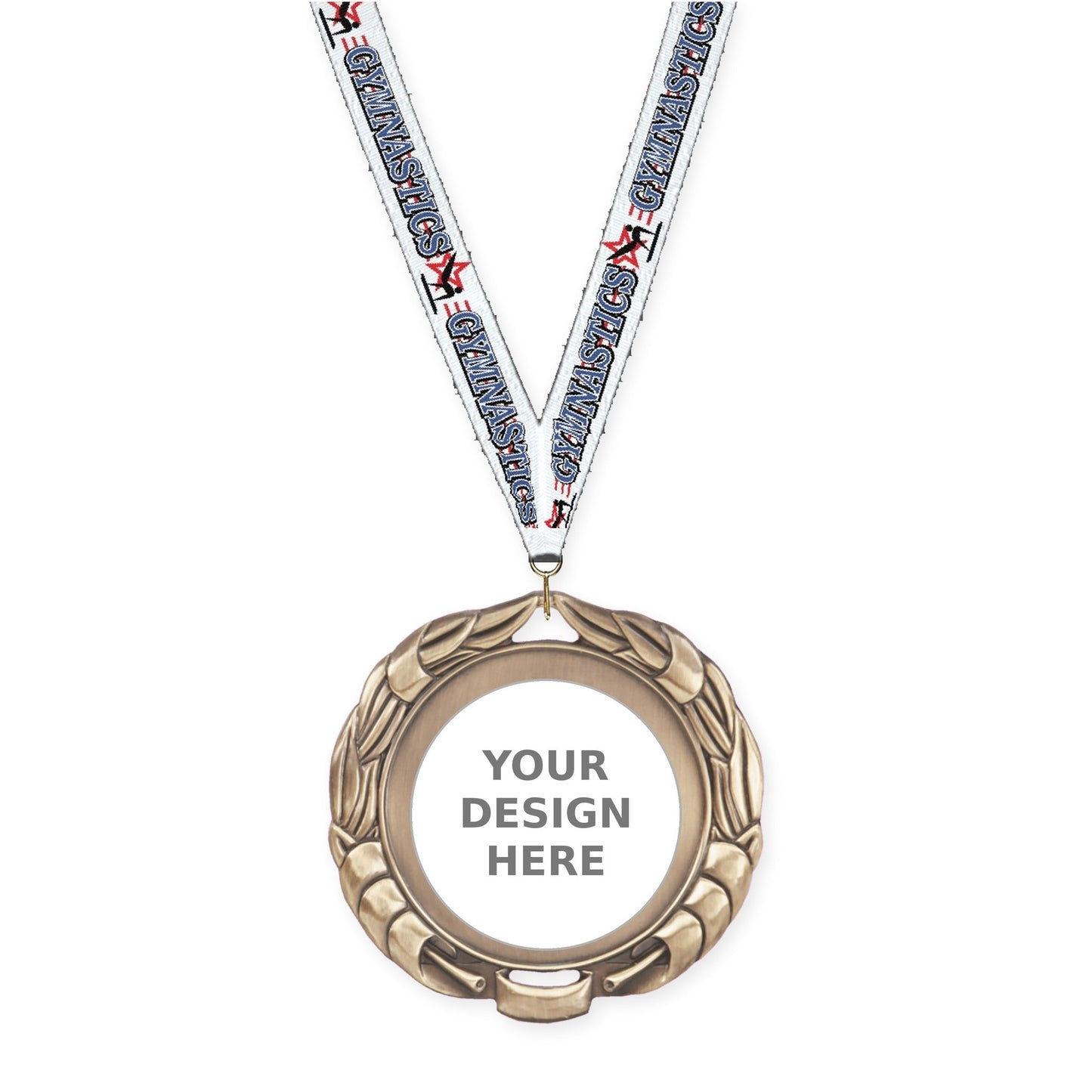 2 3/4 inch Double-Sided Wreath insert medal in antique gold with Gymnastics neck ribbon