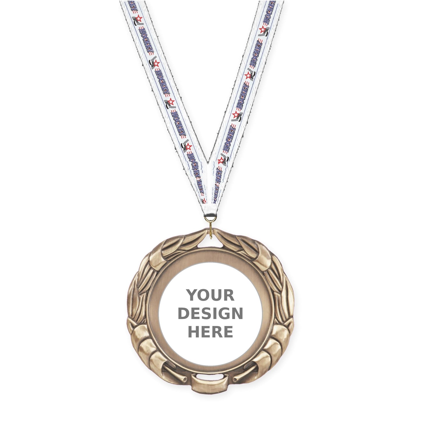 2 3/4 inch Double-Sided Wreath insert medal in antique gold with Hockey neck ribbon