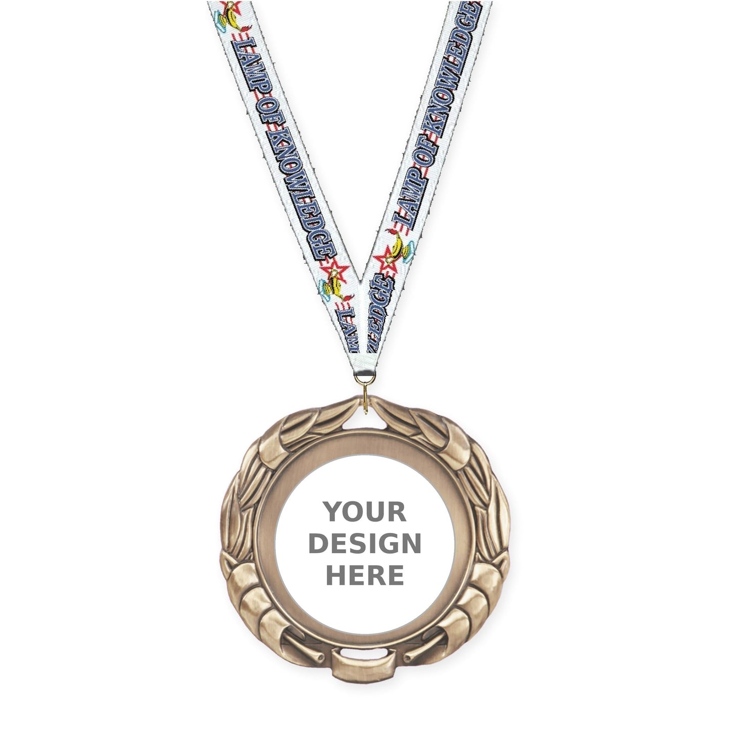 2 3/4 inch Double-Sided Wreath insert medal in antique gold with Lamp Of Knowledge neck ribbon